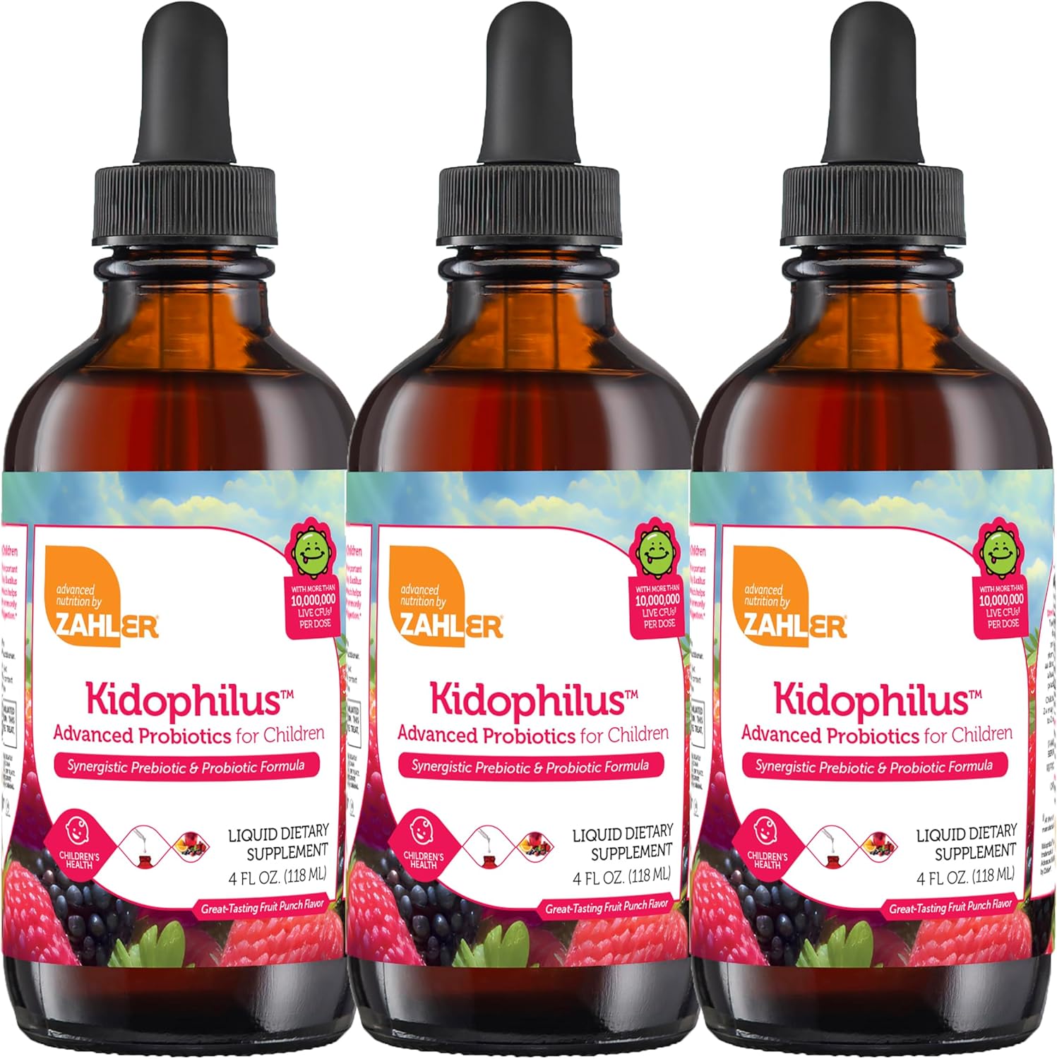 Zahler Kidophilus Liquid Drops Probiotics for Kids - Certified Kosher, Fruit Punch Flavored Children's Probiotic Supplement - 3 Pack of 4 Fl Oz Bottles for Healthy Digestion & Immune Support