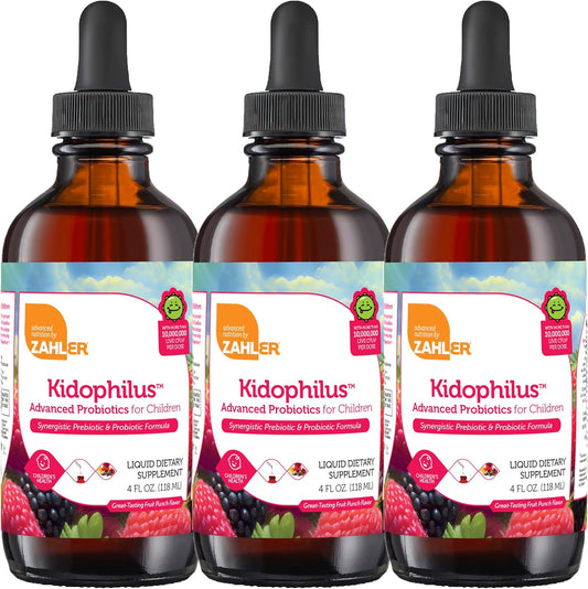 Zahler Kidophilus Liquid Drops Probiotics for Kids - Certified Kosher, Fruit Punch Flavored Children's Probiotic Supplement - 3 Pack of 4 Fl Oz Bottles for Healthy Digestion & Immune Support