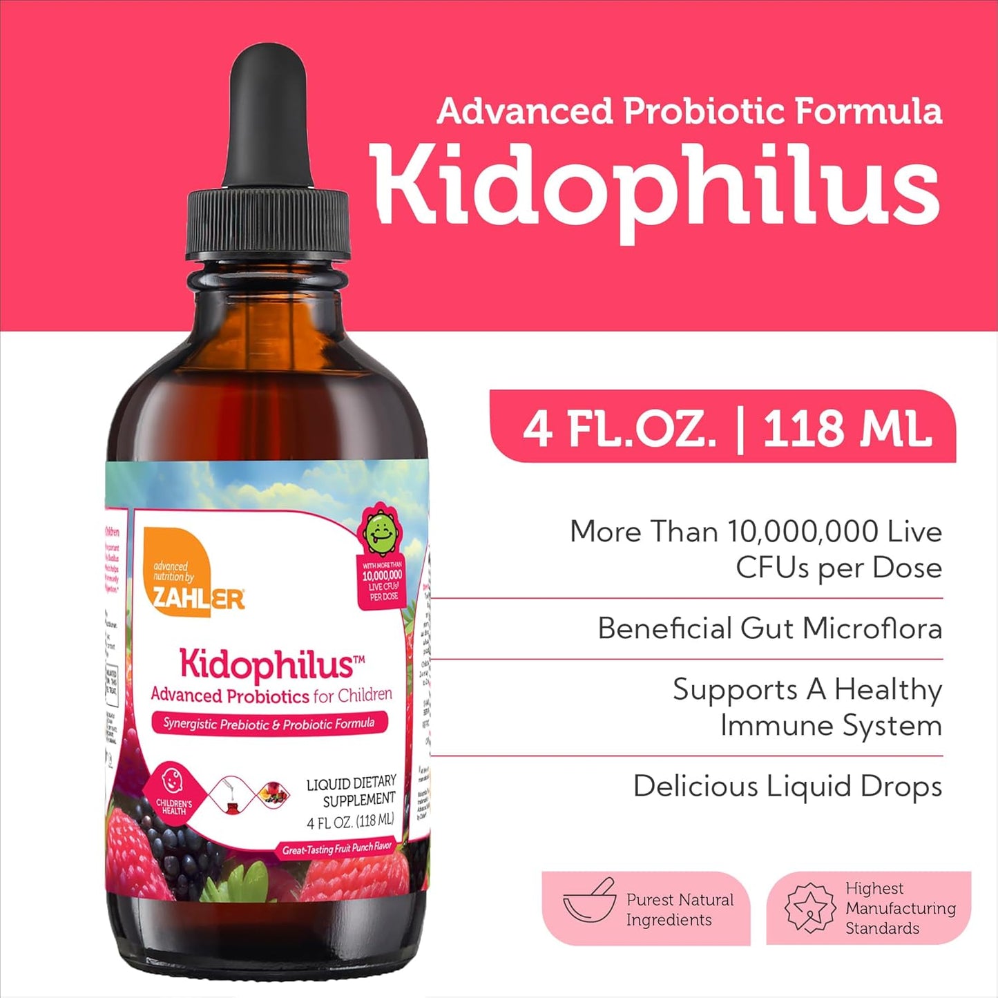Zahler Kidophilus Liquid Drops Probiotics for Kids - Certified Kosher Children's Probiotic for Digestion & Immune Support - Fruit Punch Flavored Supplement