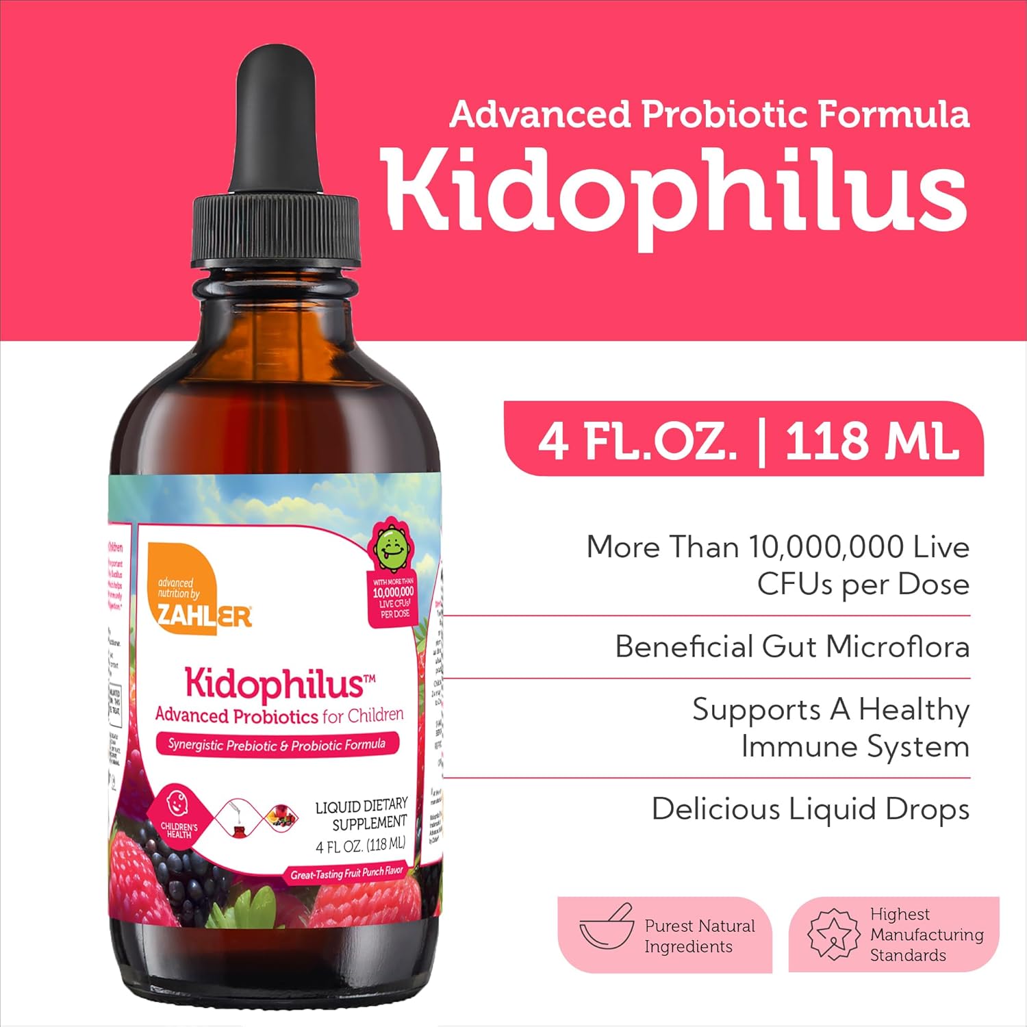 Zahler Kidophilus Liquid Drops Probiotics for Kids - Certified Kosher Children's Probiotic for Digestion & Immune Support - Fruit Punch Flavored Supplement