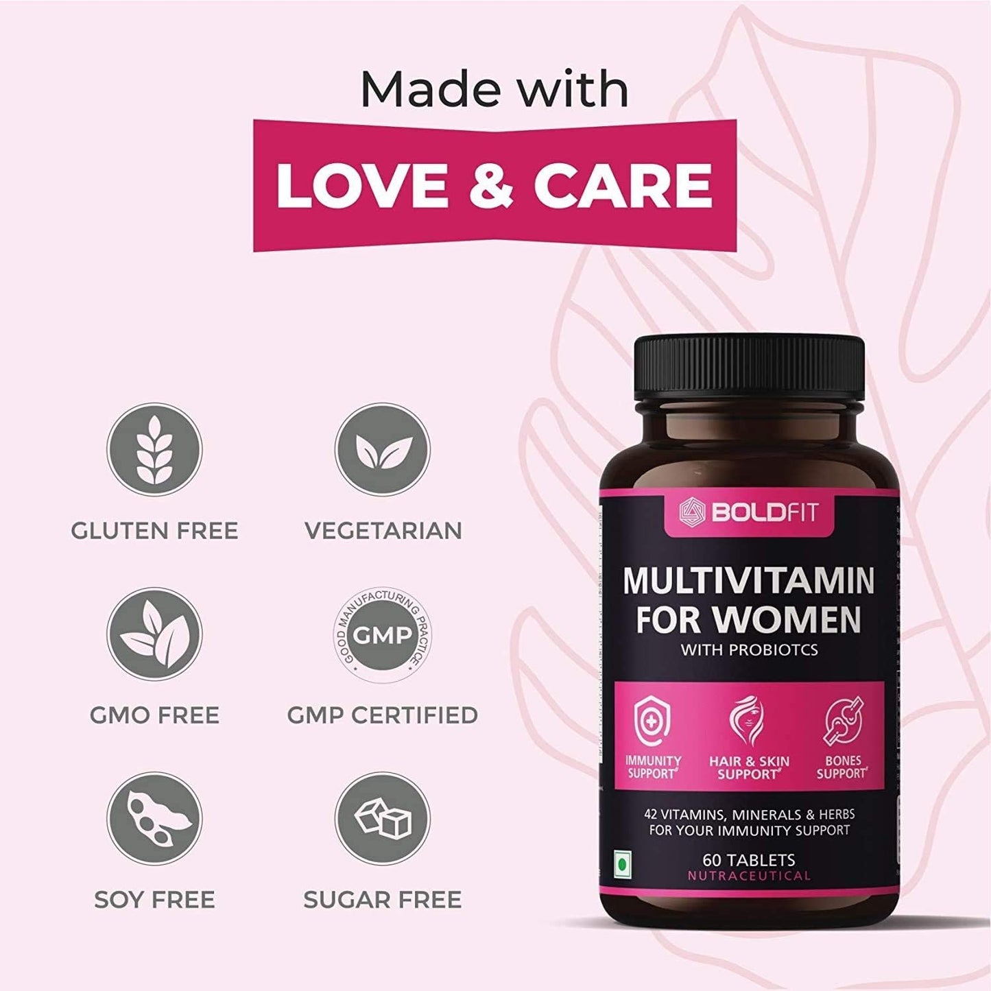Zeeke Boldfit Women's Multivitamin Supplement with Probiotics - 42 Vital Ingredients for Immunity, Hair, Skin & Bone Support - 60 Tablets