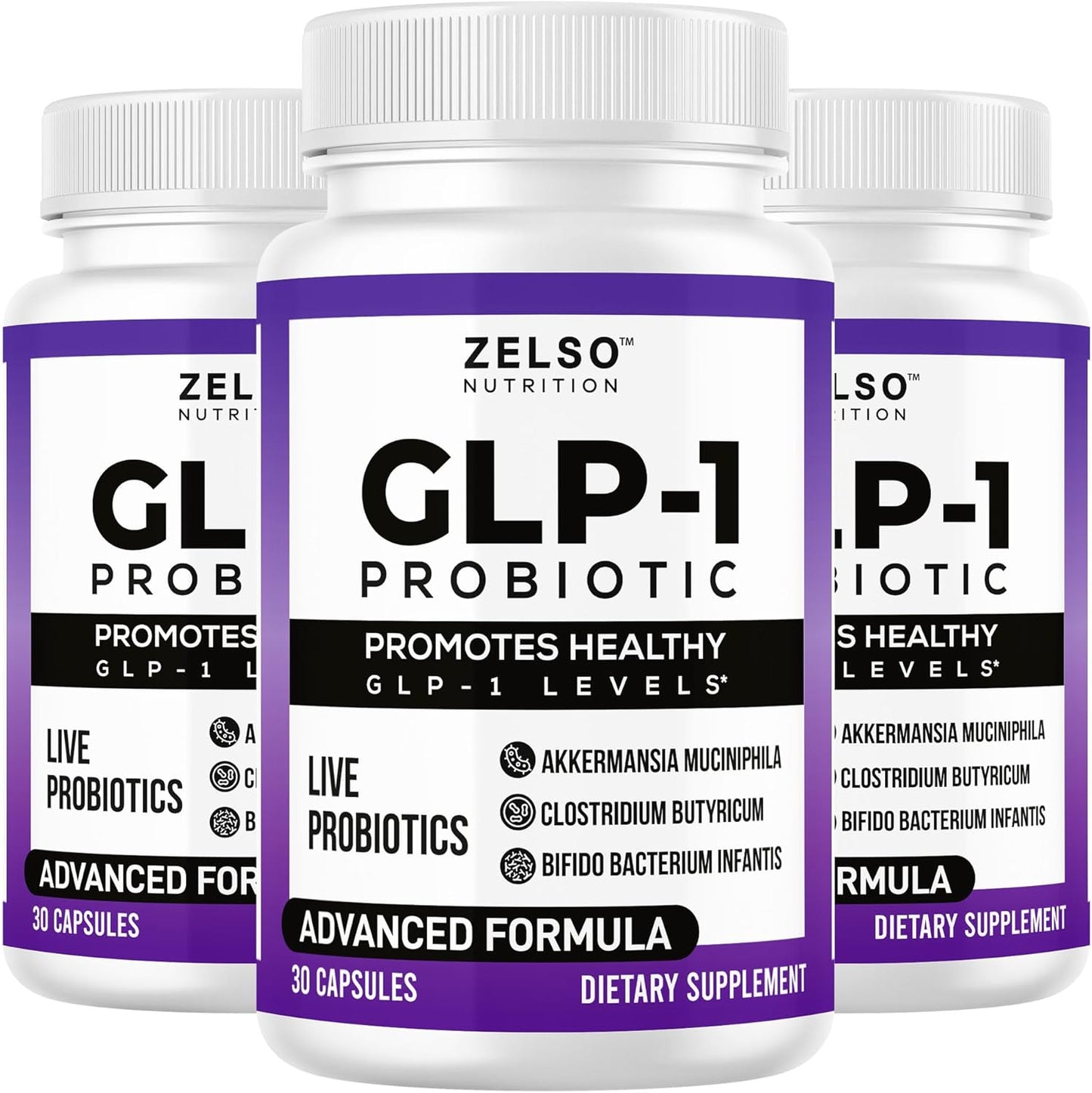 ZELSO GLP-1 Probiotic Capsules - Gut Health Support with Akkermansia Muciniphila, 500M CFU Multi-Strain Probiotic + Prebiotic - 90 Count