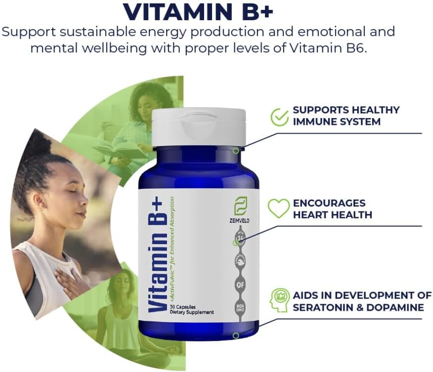 Zemvelo Vitamin B+ Capsules - Boost Energy Production, Immune System, Serotonin, Dopamine - 30 Day Supply