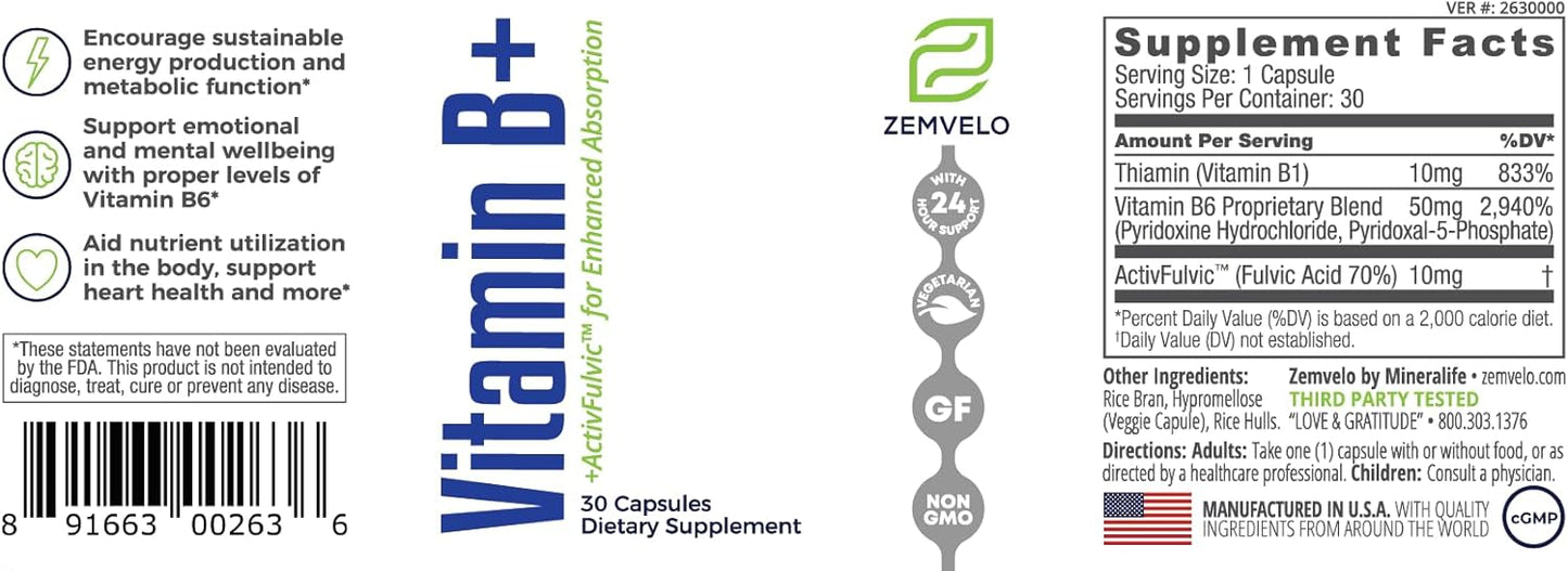 Zemvelo Vitamin B+ Capsules - Boost Energy Production, Immune System, Serotonin, Dopamine - 30 Day Supply