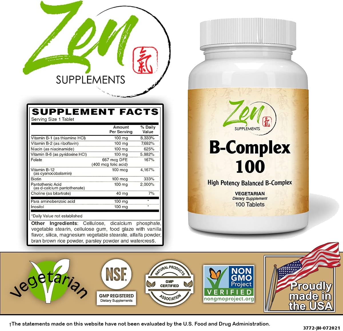 Zen Supplements Full-Spectrum B Complex Vitamin Supplement with Folic Acid, Biotin, and Inositol - 100 Tablets for Immune, Cardio, and Energy Support