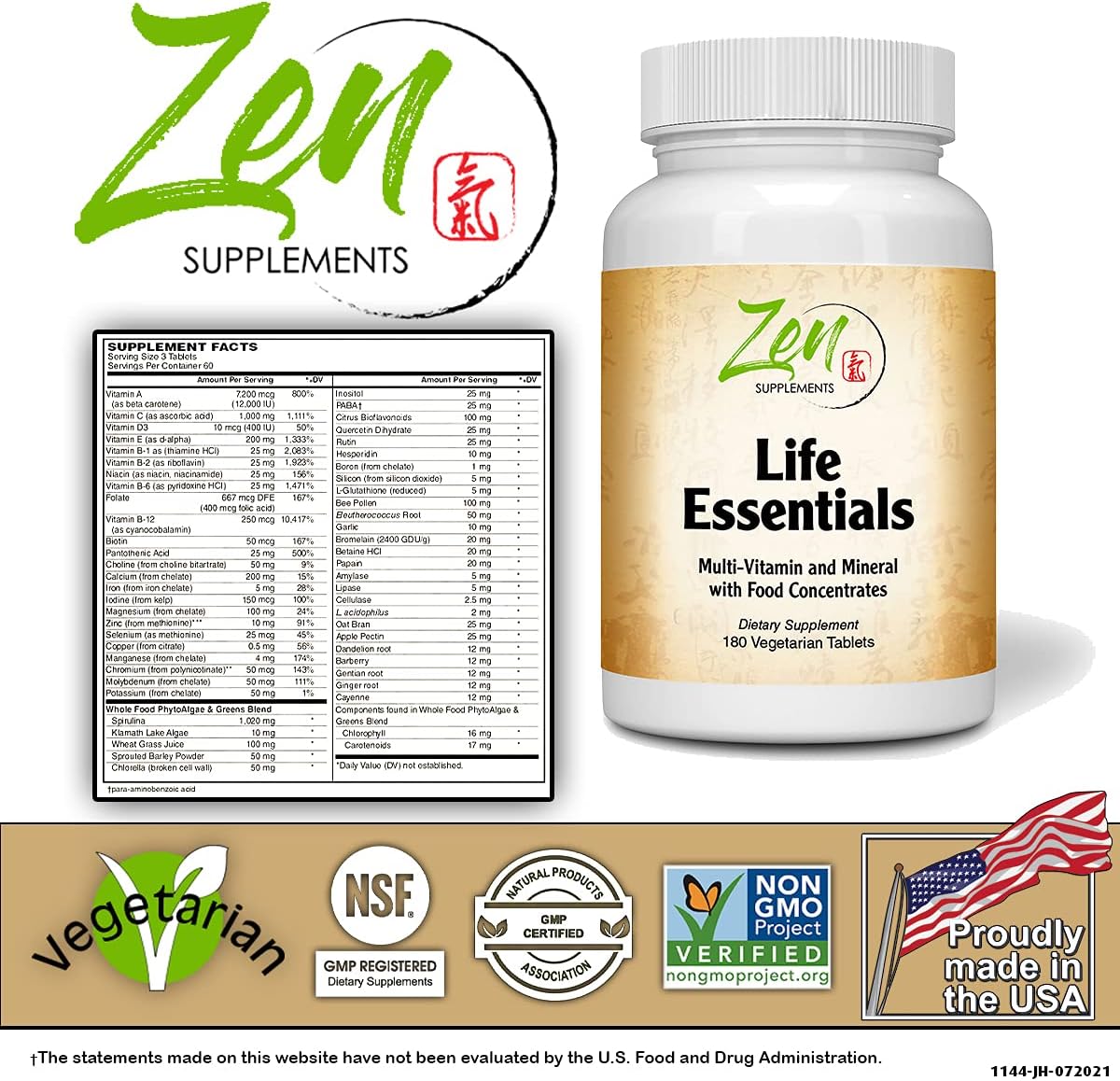 Zen Supplements Whole Food Life Essentials Multivitamin - Full-Spectrum Minerals, Super Food Nutrients, PhytoAlgae, Greens Blend - Arthritis Pain Relief, Energy Boost - 180 Tablets