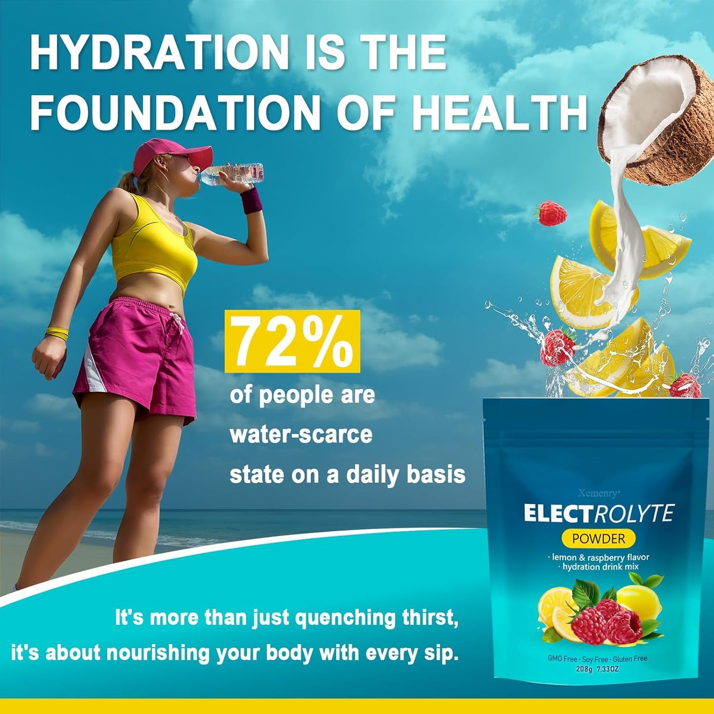 Zero Calorie Sugar Free Electrolyte Powder with High Potassium (1000mg) - Lemon Raspberry Flavor, Keto & Non-GMO - 32 Servings