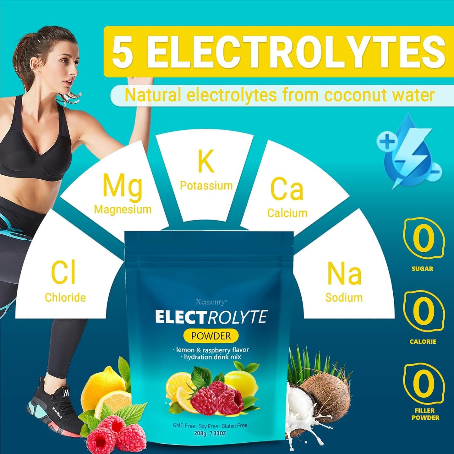Zero Calorie Sugar Free Electrolyte Powder with High Potassium (1000mg) - Lemon Raspberry Flavor, Keto & Non-GMO - 32 Servings