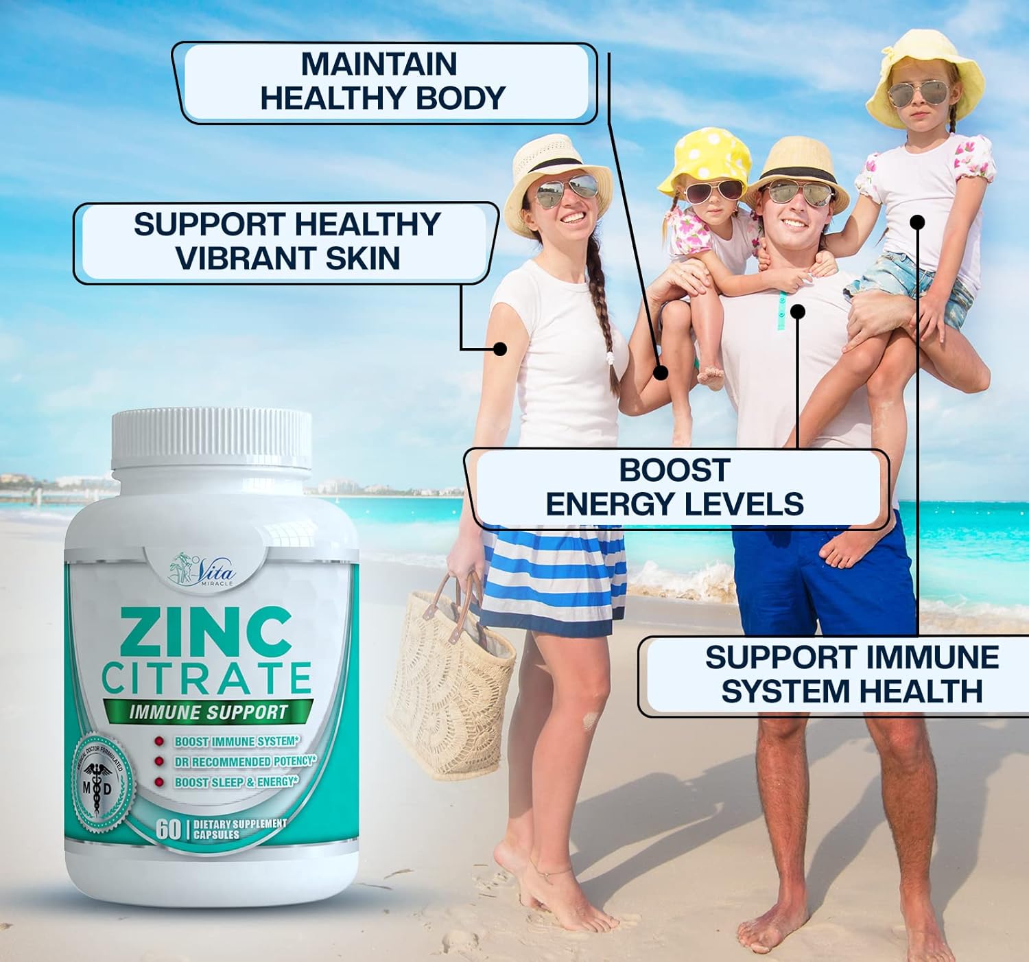 Zinc Citrate 30mg Supplement for Immune Support - Safe Vitamin Alternative for Adults and Kids - Boost Immunity with Vita Miracle