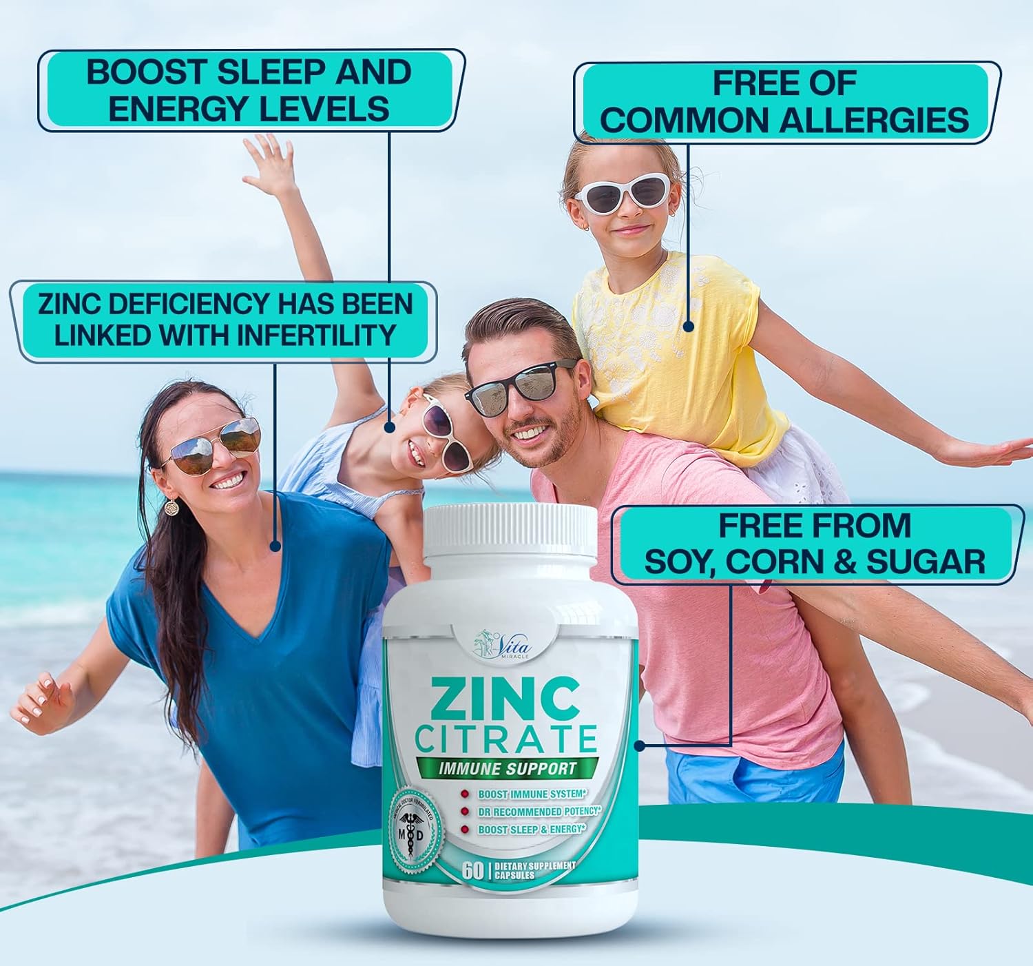 Zinc Citrate 30mg Supplement for Immune Support - Safe Vitamin Alternative for Adults and Kids - Boost Immunity with Vita Miracle