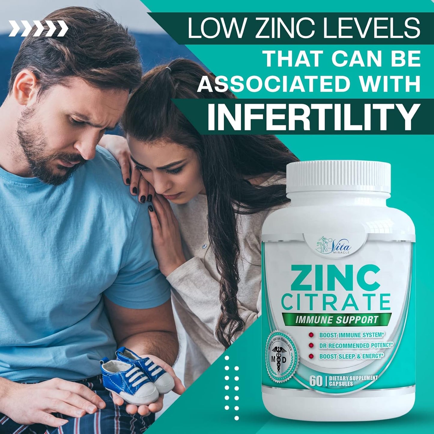 Zinc Citrate 30mg Supplement for Immune Support - Safe Vitamin Alternative for Adults and Kids - Boost Immunity with Vita Miracle