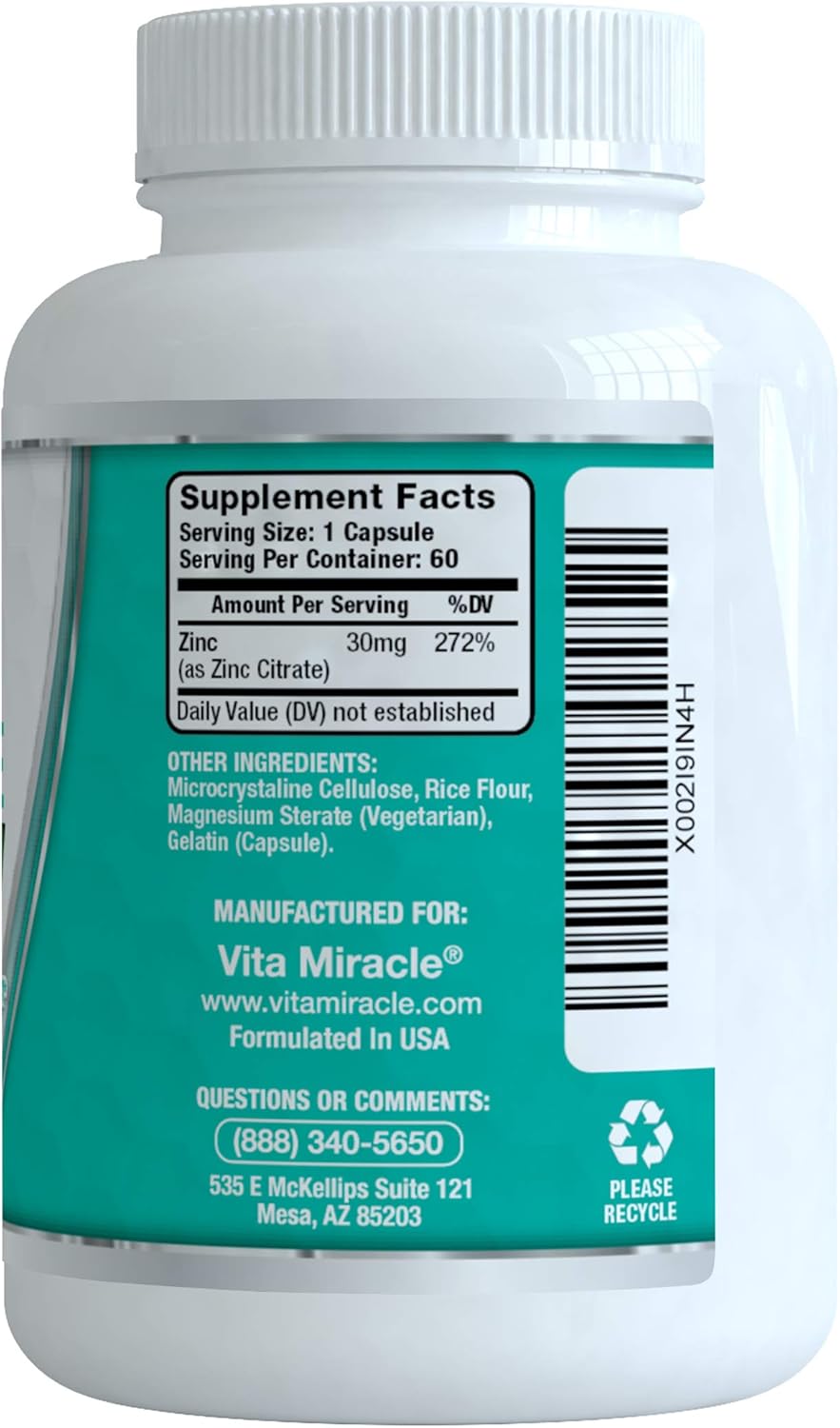 Zinc Citrate 30mg Supplement for Immune Support - Safe Vitamin Alternative for Adults and Kids - Boost Immunity with Vita Miracle