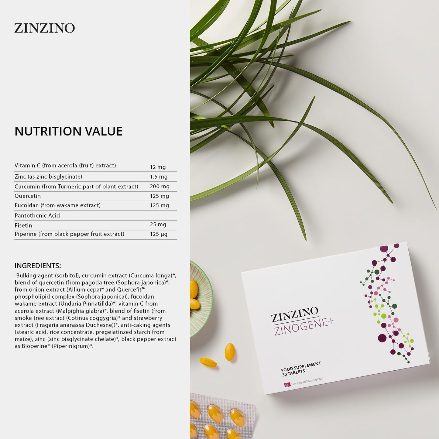 ZINZINO ZinoGene+ - Advanced Deep Cleanse Supplement with Fucoidans, Polyphenols, Vitamin C & Zinc - Promotes Overall Wellness - 30 Tablets