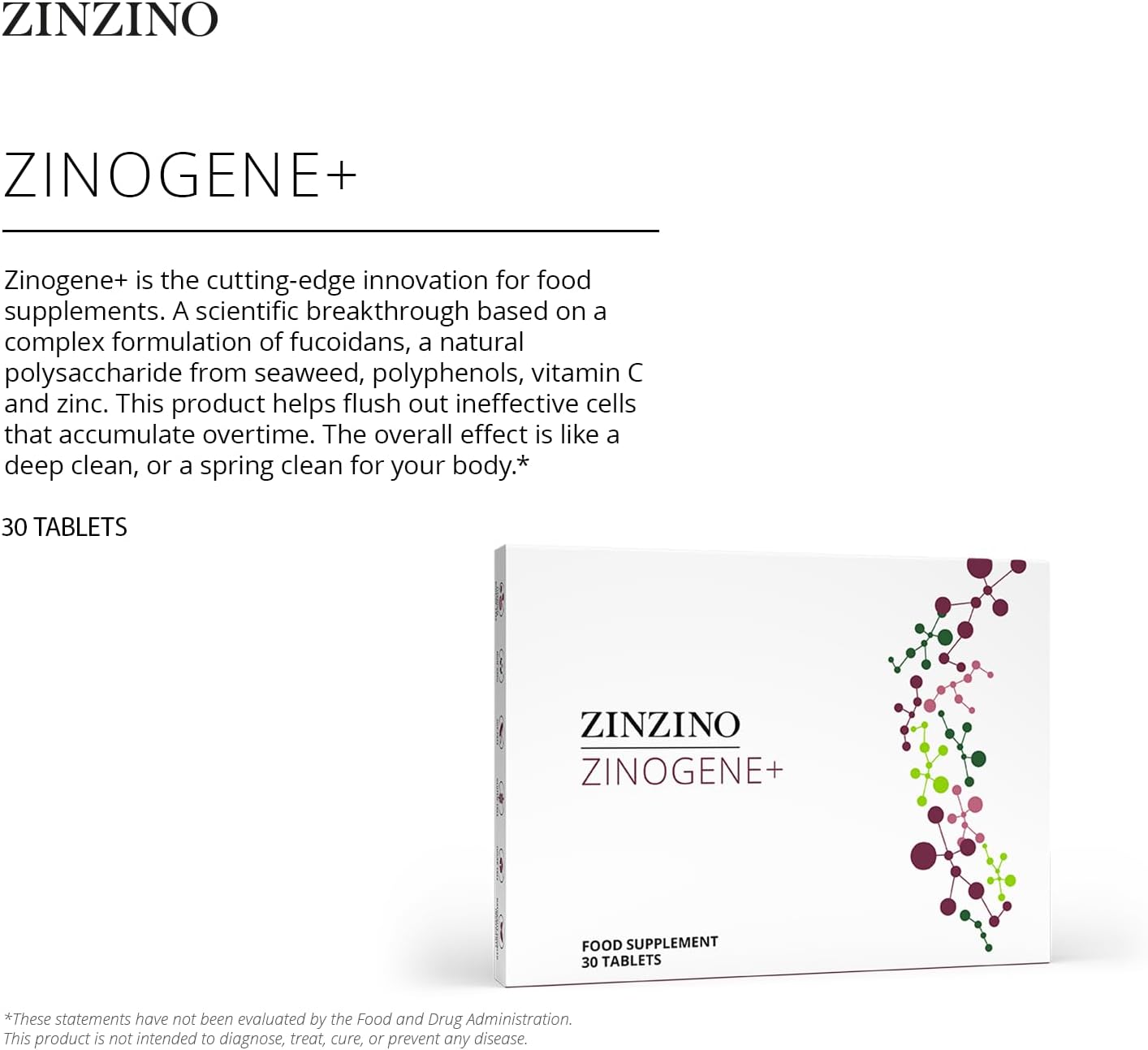 ZINZINO ZinoGene+ - Advanced Deep Cleanse Supplement with Fucoidans, Polyphenols, Vitamin C & Zinc - Promotes Overall Wellness - 30 Tablets