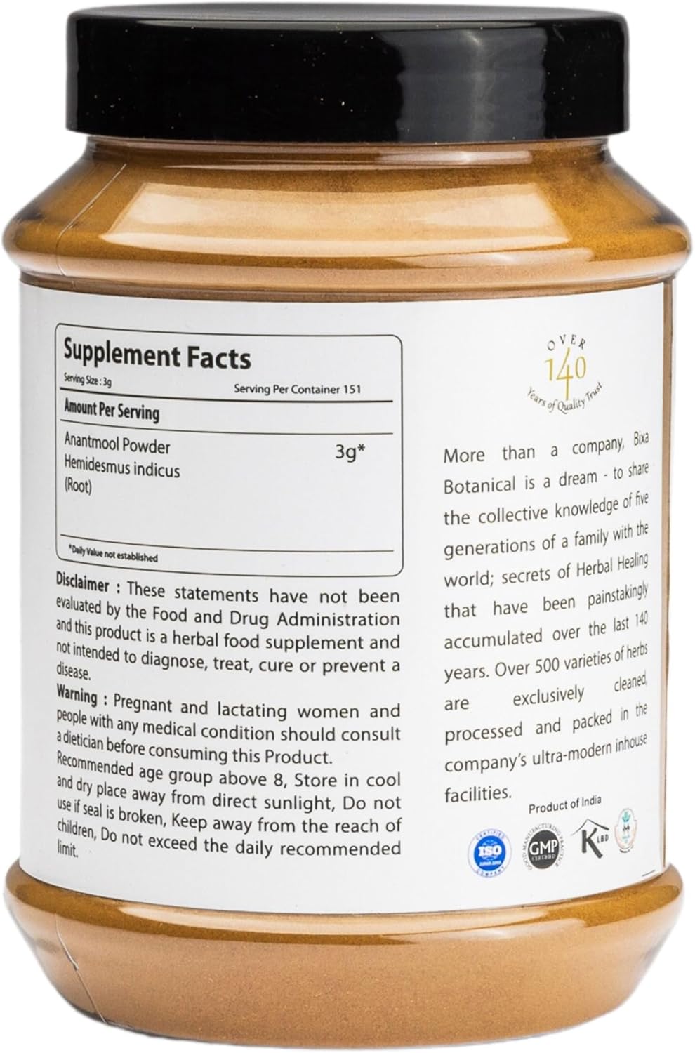1 lb Bixa Botanical Sarsaparilla Root Powder - Hemidesmus Indicus Anantmool - Ayurvedic Herbal Supplement - Gluten Free, Non-GMO, Vegan - 100% Pure