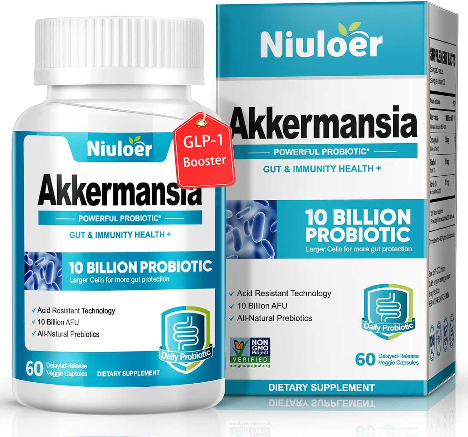 10 Billion AFU Niuloer Akkermansia & GLP-1 Probiotic with Organic Prebiotics - Digestive & Immune Support for Men & Women - Gut Health Supplement (60 Capsules)