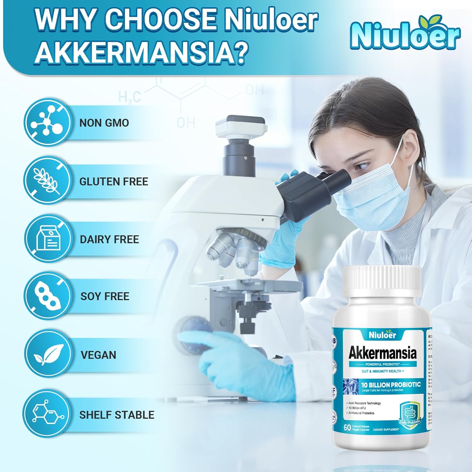 10 Billion AFU Niuloer Akkermansia & GLP-1 Probiotic with Organic Prebiotics - Digestive & Immune Support for Men & Women - Gut Health Supplement (60 Capsules)