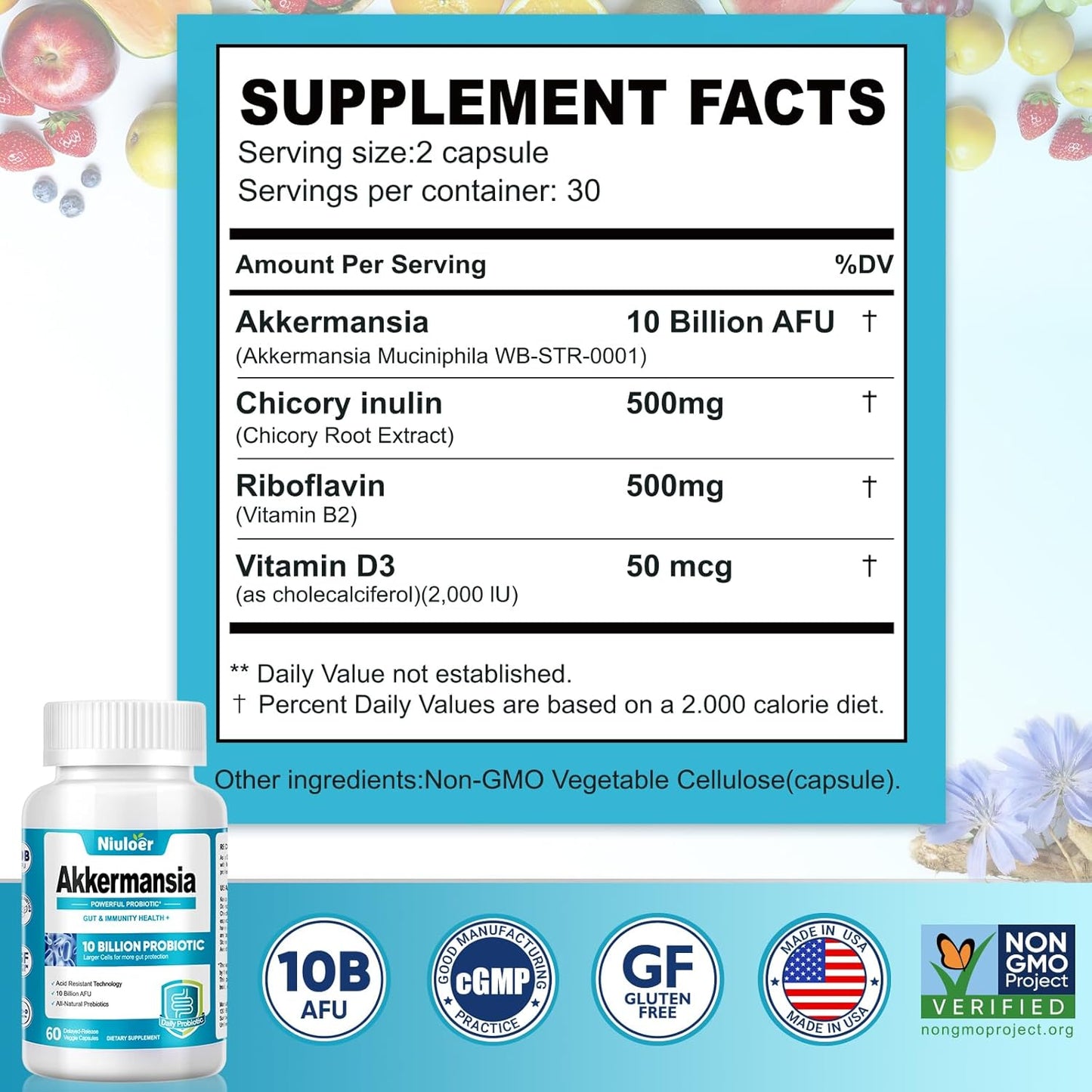 10 Billion AFU Niuloer Akkermansia & GLP-1 Probiotic with Organic Prebiotics - Digestive & Immune Support for Men & Women - Gut Health Supplement (60 Capsules)