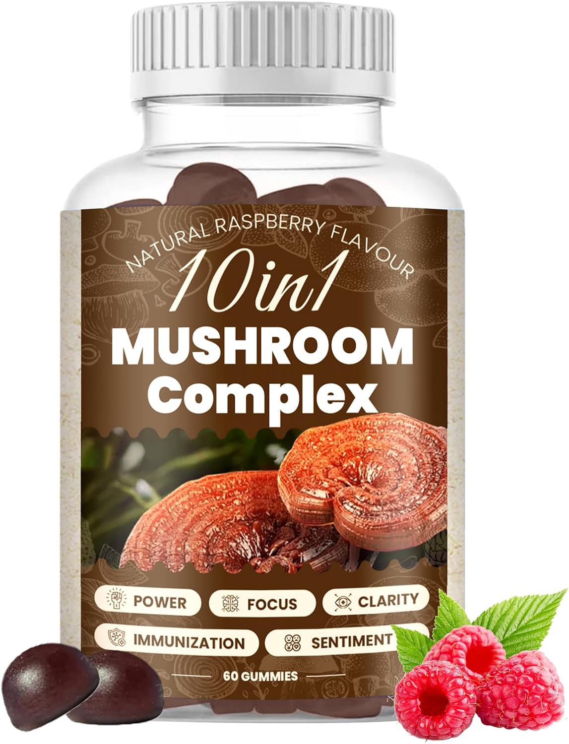 10 in 1 Magic Mushroom Gummies - Raspberry Flavor, Mushroom Complex with Lions Mane, Reishi, Chaga, Cordyceps, Maitake Mushroom for Cognitive Function, Immune Health, Energy - 1 Bottle