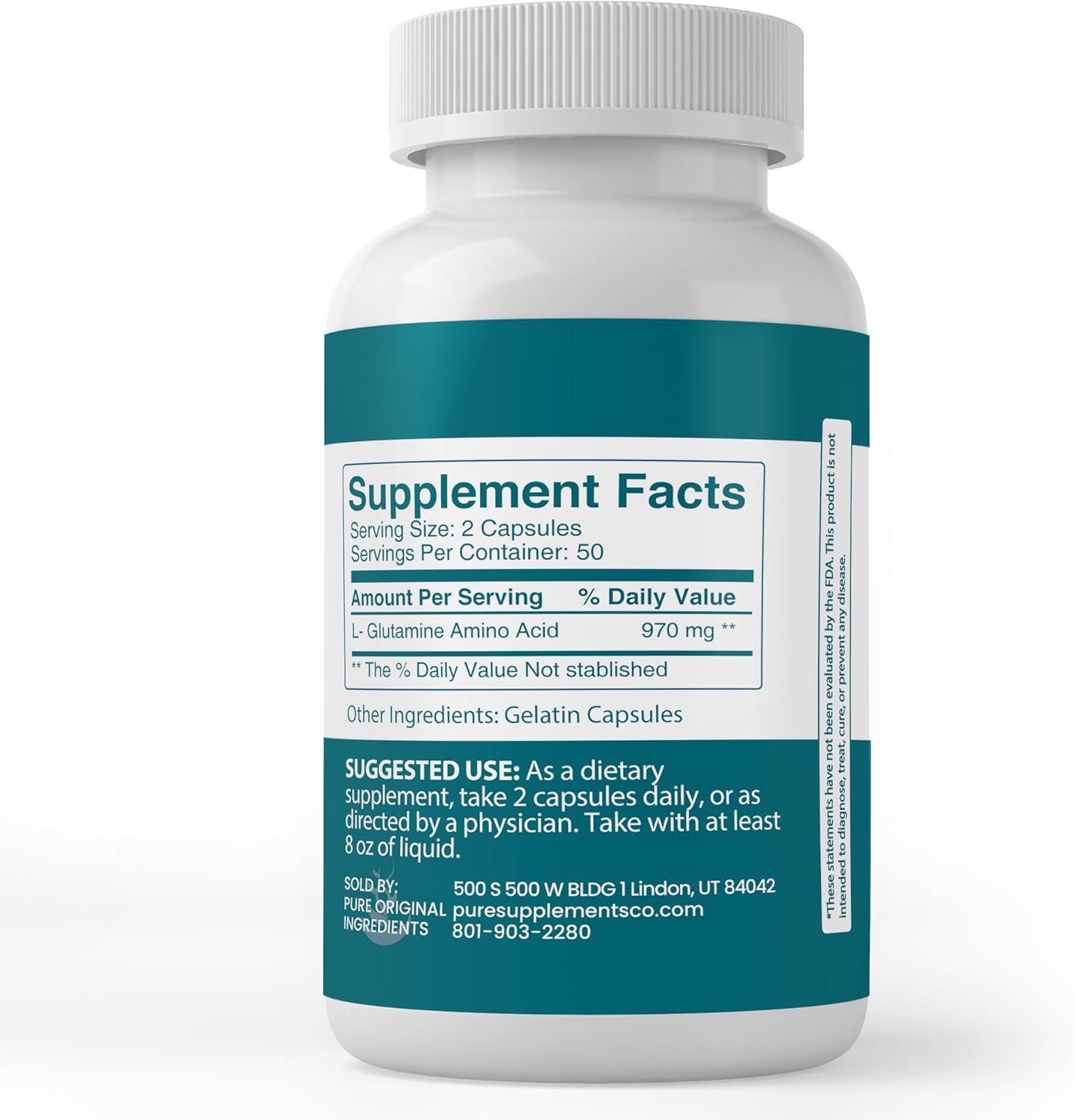 100 Capsules of Non-GMO & Gluten-Free L-Glutamine Amino Acid with Pure Original Ingredients