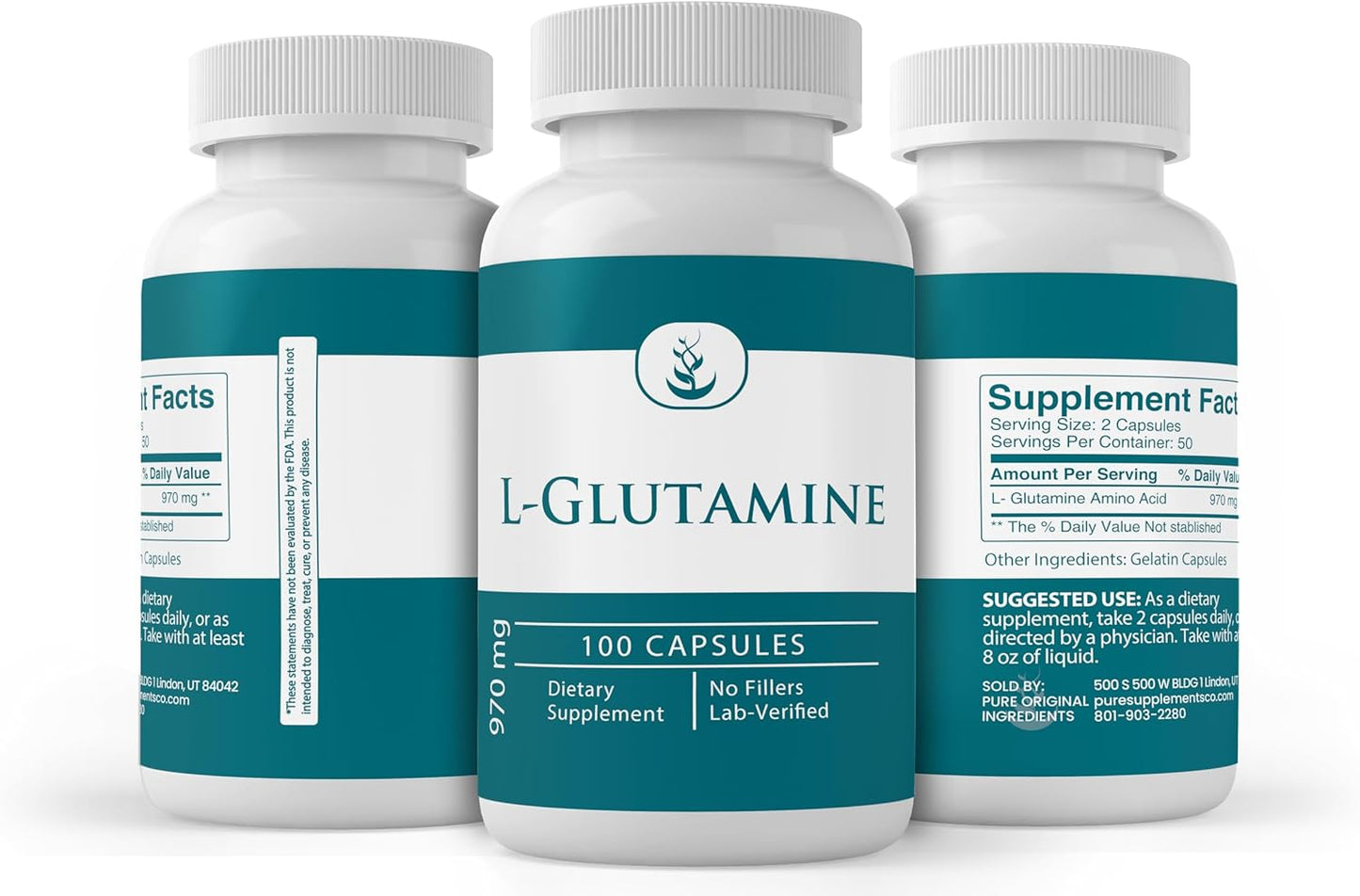 100 Capsules of Non-GMO & Gluten-Free L-Glutamine Amino Acid with Pure Original Ingredients