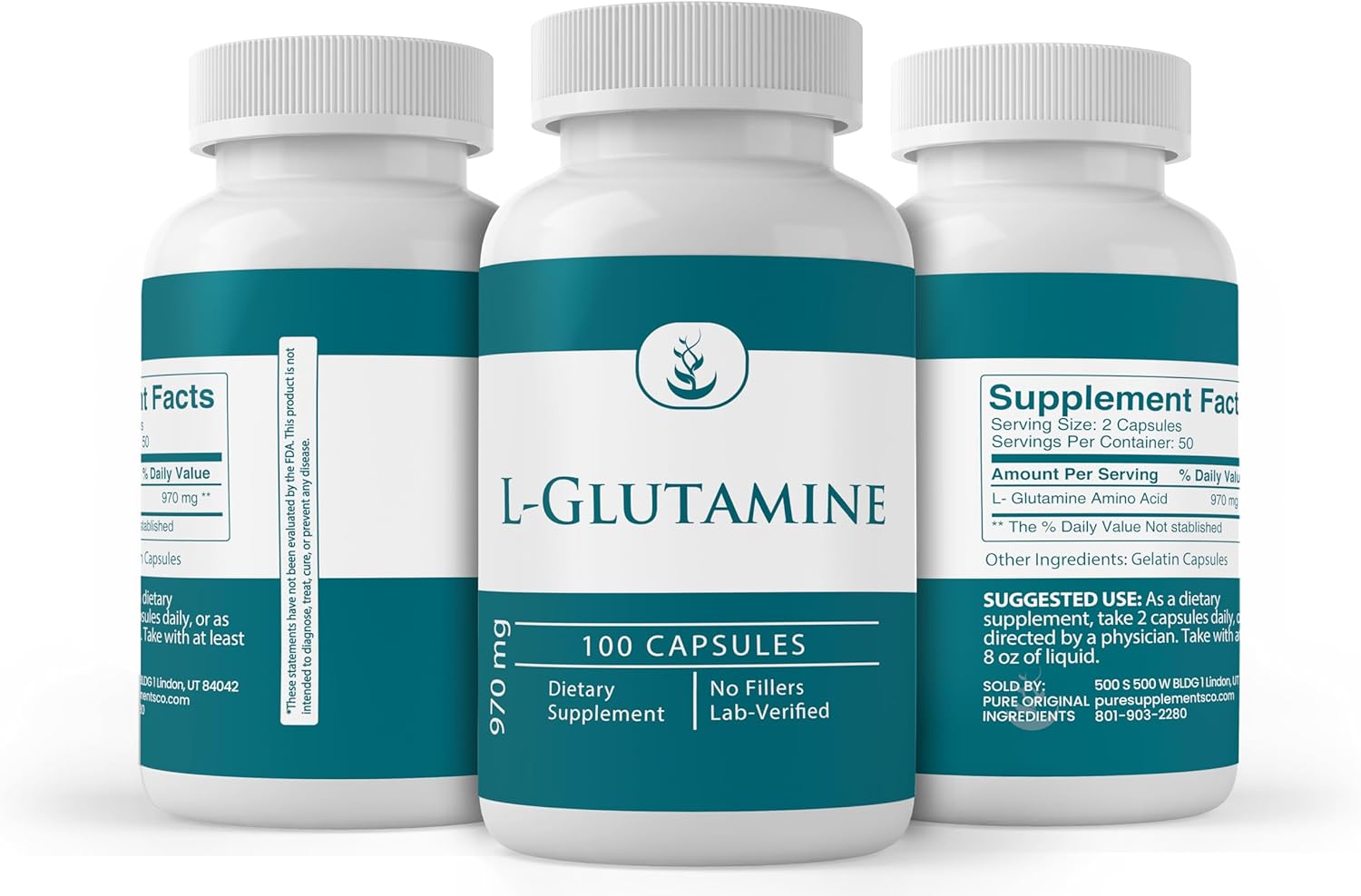 100 Capsules of Non-GMO & Gluten-Free L-Glutamine Amino Acid with Pure Original Ingredients