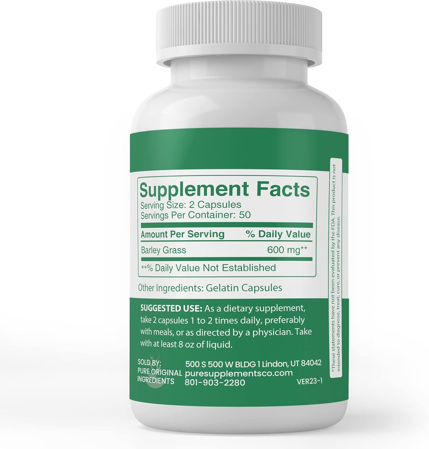 100 Capsules of Pure Barley Grass - No Additives or Fillers - Lab Verified Quality