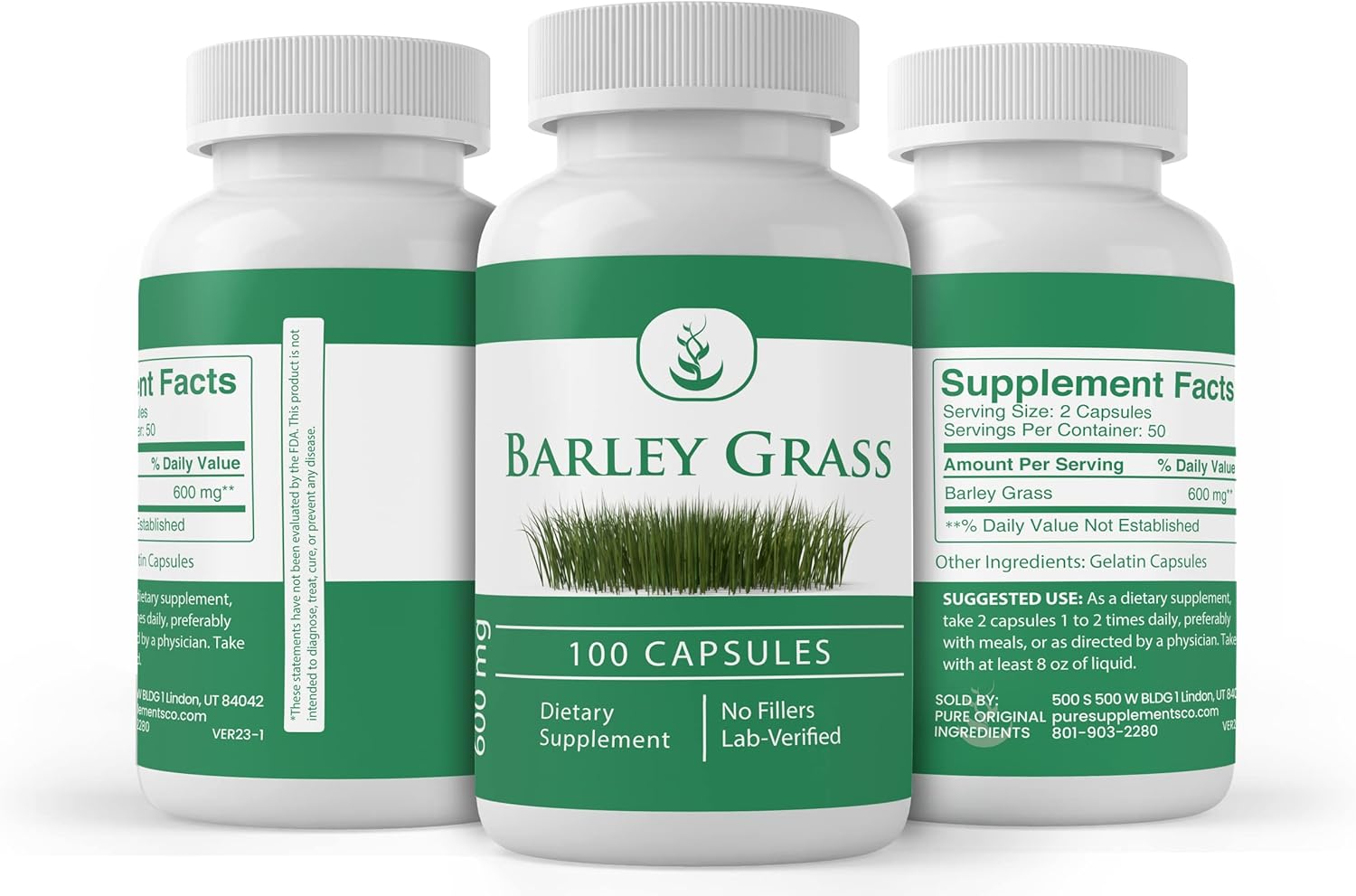 100 Capsules of Pure Barley Grass - No Additives or Fillers - Lab Verified Quality
