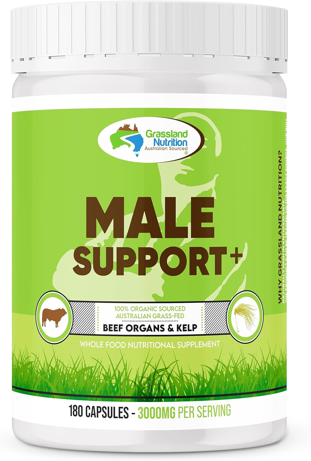 100% Organic Australian Grassland Nutrition: Beef Organ Male Support Blend with B12, CoQ10, Iodine (180 Capsules)