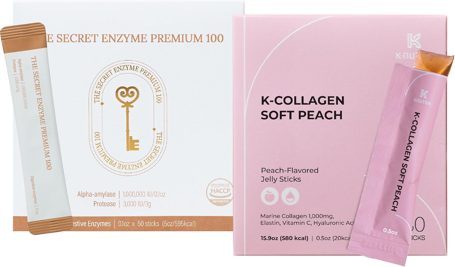 100 Premium Secret Enzyme Sticks + 30 K-Collagen Peach Jelly Sticks for Digestive & Skin Health