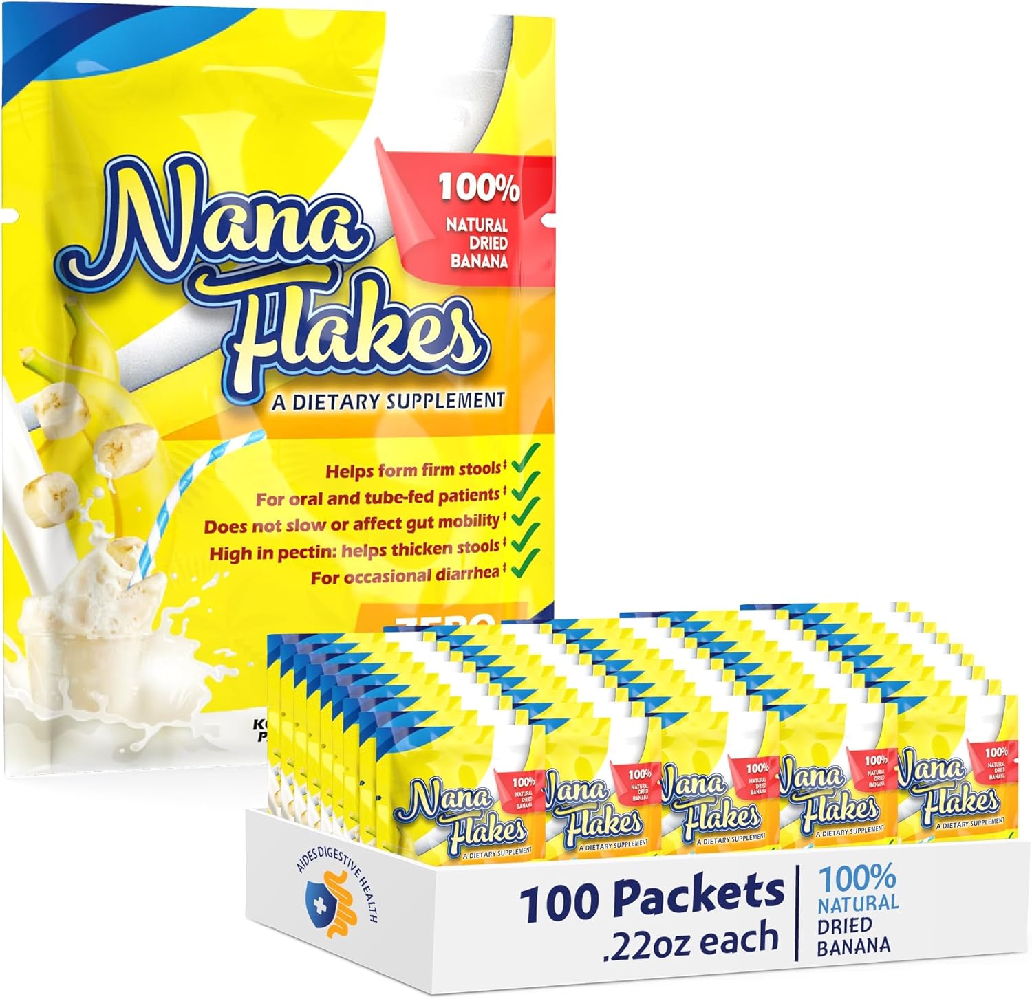 100% Pure Banana Flakes Powder - Nutritional Designs Nana Flakes for Digestive Health - High Protein & Fiber Content - 100 Single-Serve Packs