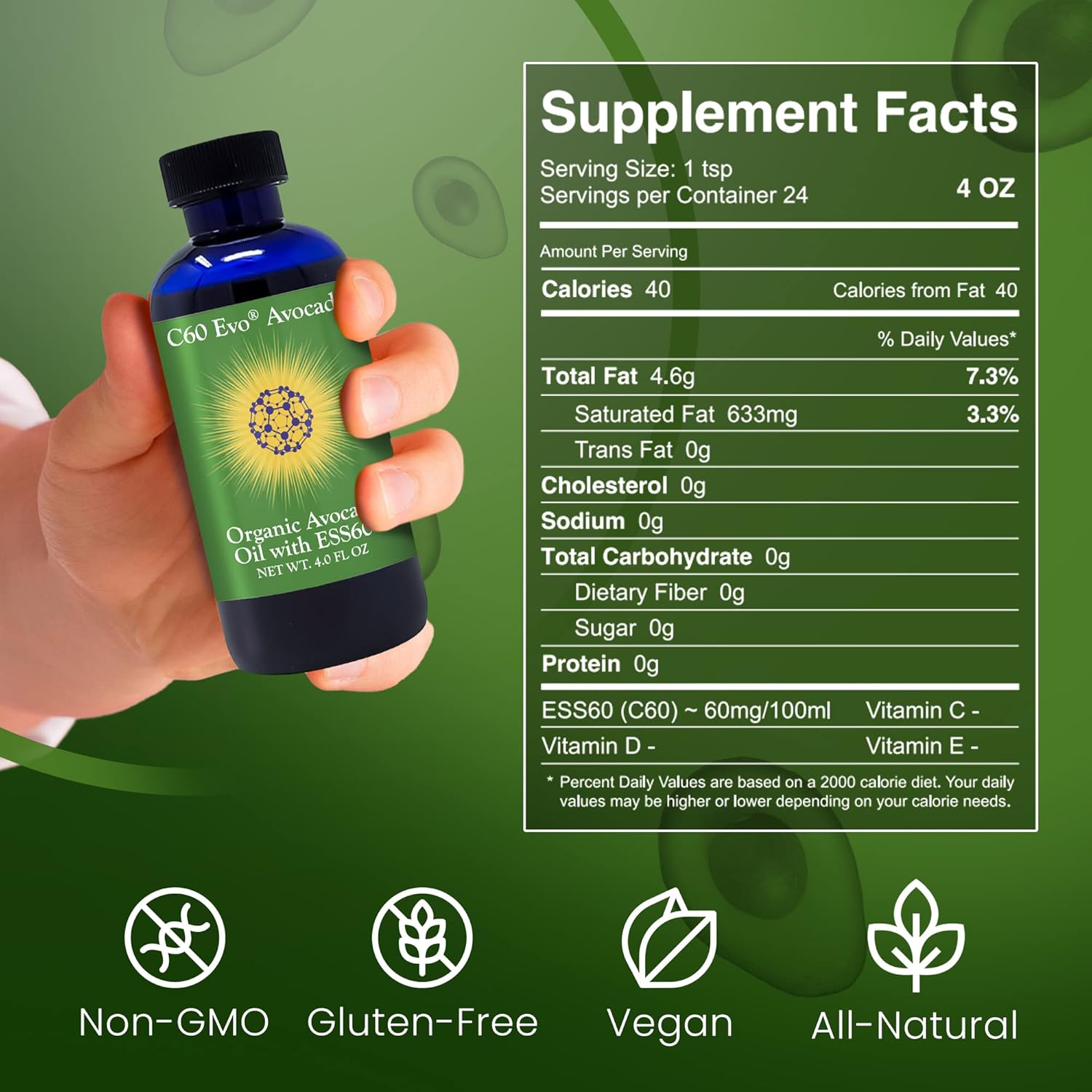 100% Pure ESS60 Avocado Oil for Joint Health, Flexibility, Energy, Immunity, and Sleep - 4 oz