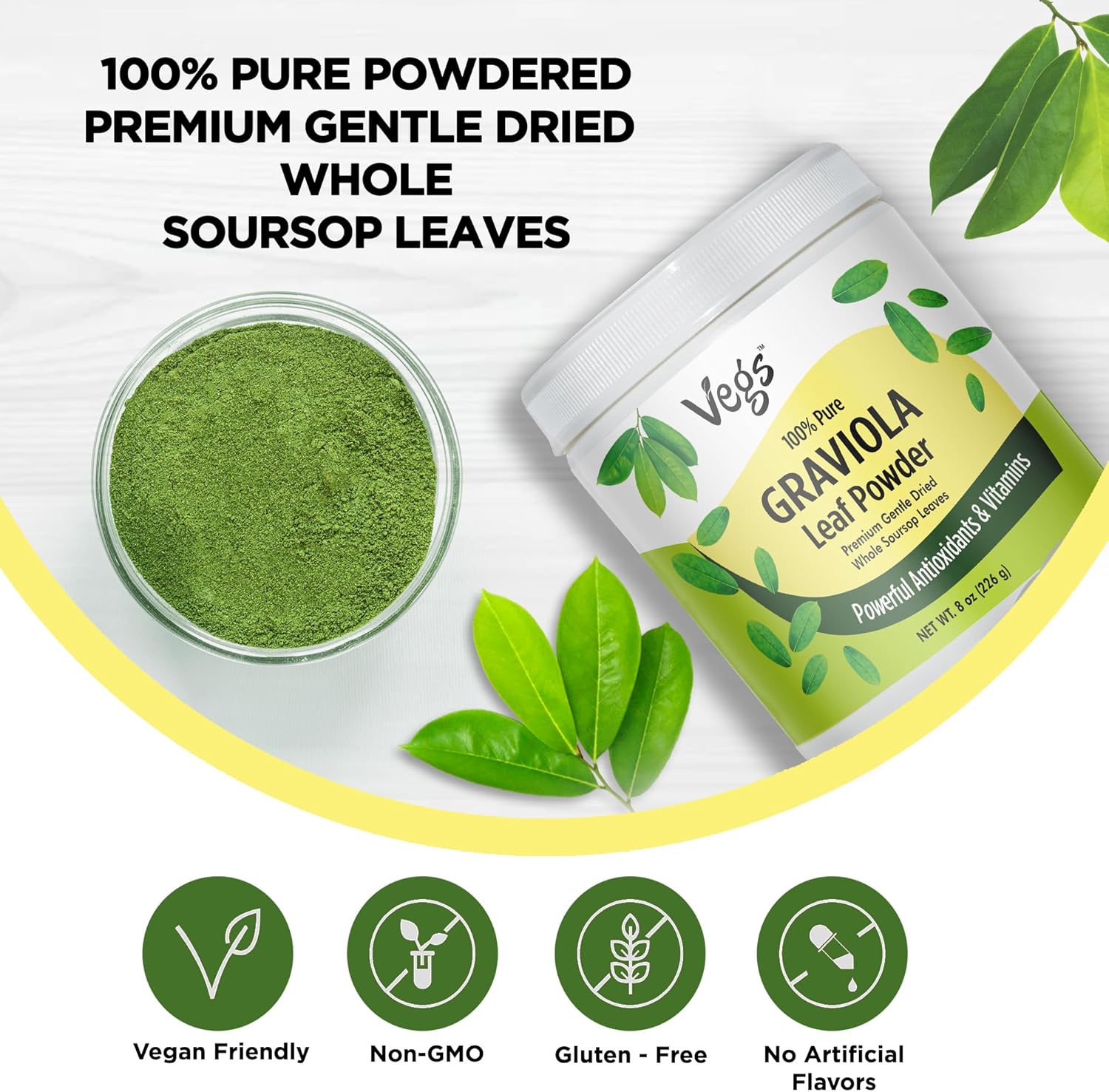 100% Pure Graviola Soursop Leaf Powder - Premium Grade Whole Green Organic Soursop with Antioxidants, Vitamins, Minerals - Vegan, Non-GMO - 8 oz