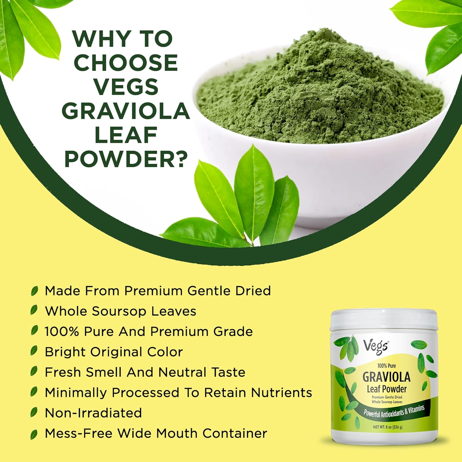 100% Pure Graviola Soursop Leaf Powder - Premium Grade Whole Green Organic Soursop with Antioxidants, Vitamins, Minerals - Vegan, Non-GMO - 8 oz
