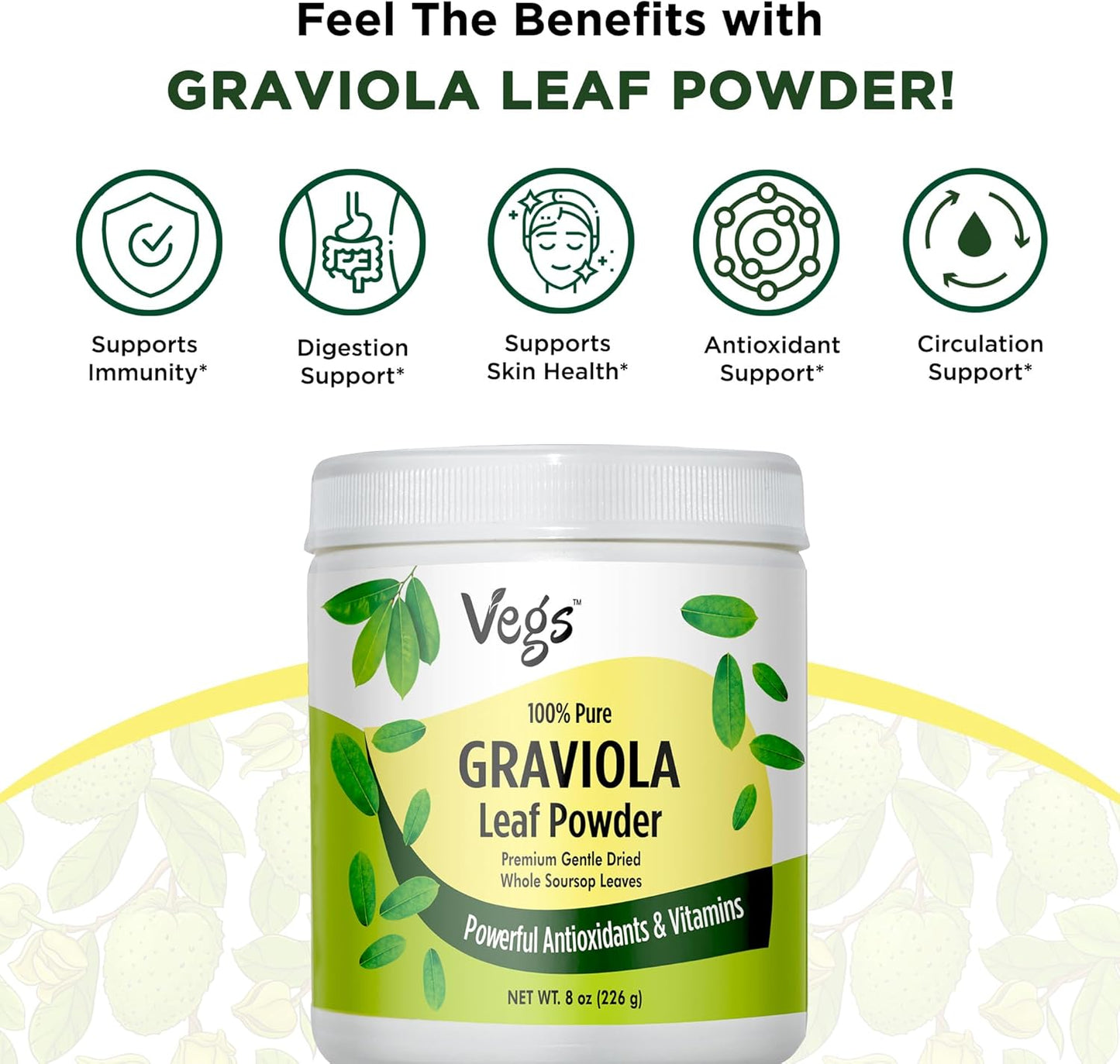 100% Pure Graviola Soursop Leaf Powder - Premium Grade Whole Green Organic Soursop with Antioxidants, Vitamins, Minerals - Vegan, Non-GMO - 8 oz