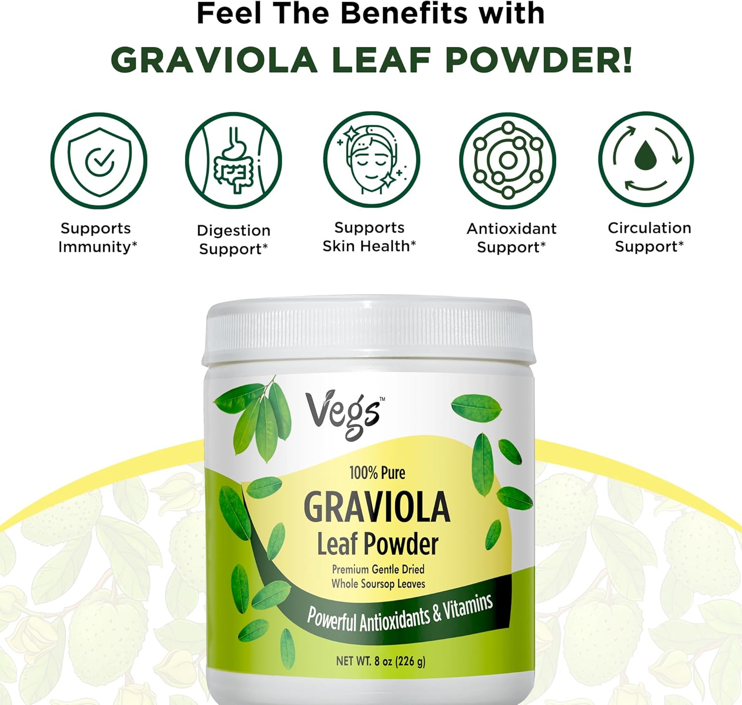 100% Pure Graviola Soursop Leaf Powder - Premium Grade Whole Green Organic Soursop with Antioxidants, Vitamins, Minerals - Vegan, Non-GMO - 8 oz