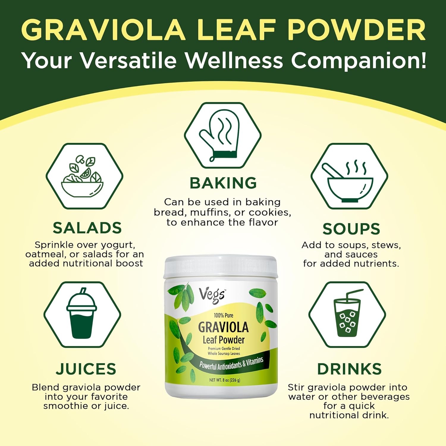 100% Pure Graviola Soursop Leaf Powder - Premium Grade Whole Green Organic Soursop with Antioxidants, Vitamins, Minerals - Vegan, Non-GMO - 8 oz