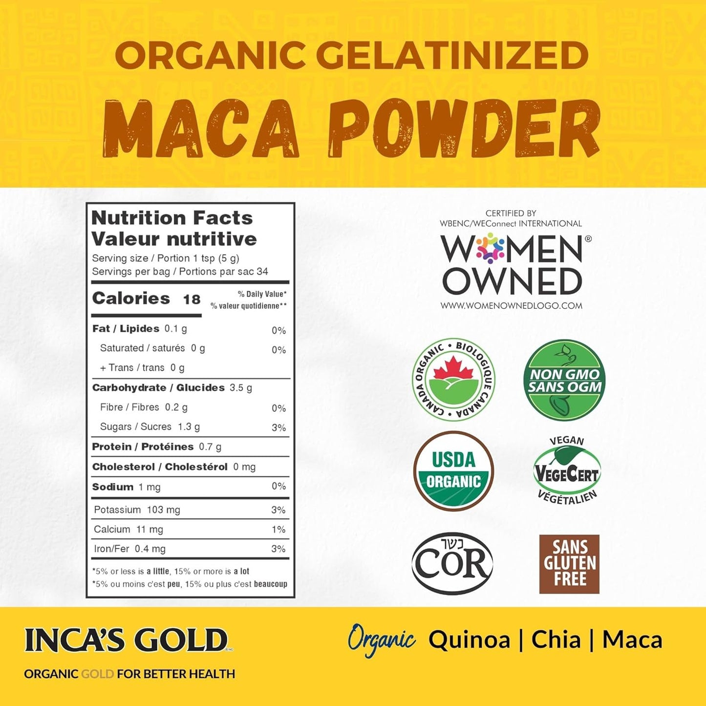 100% Pure Inca's Gold Organic Yellow Maca Gelatinized Root Powder - Supports Overall Vitality, Immune System, Memory, Learning - Family Size Pack of 2 - 908g Total - From Junin Peru
