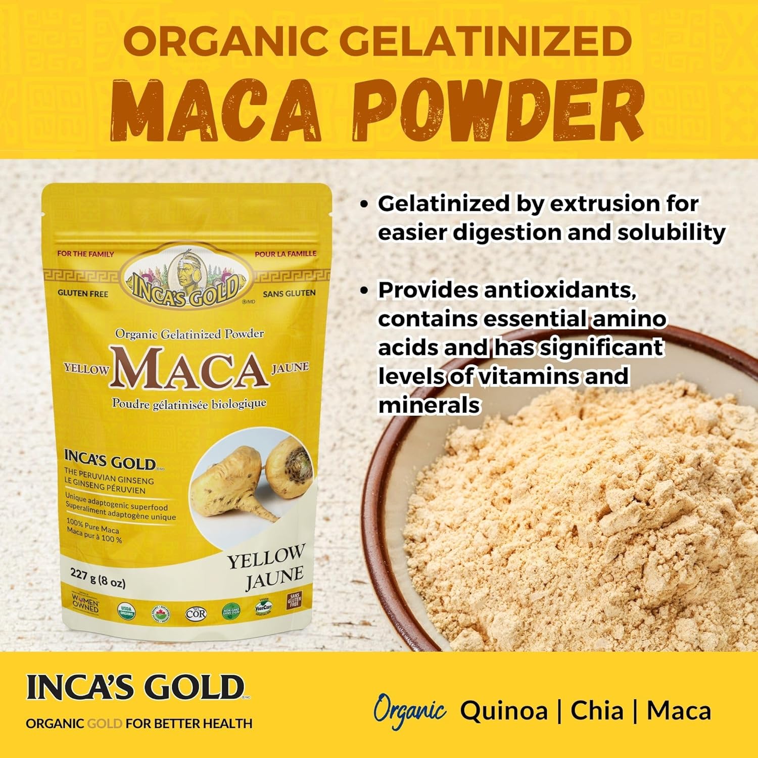 100% Pure Inca's Gold Organic Yellow Maca Gelatinized Root Powder - Supports Overall Vitality, Immune System, Memory, Learning - Family Size Pack of 2 - 908g Total - From Junin Peru