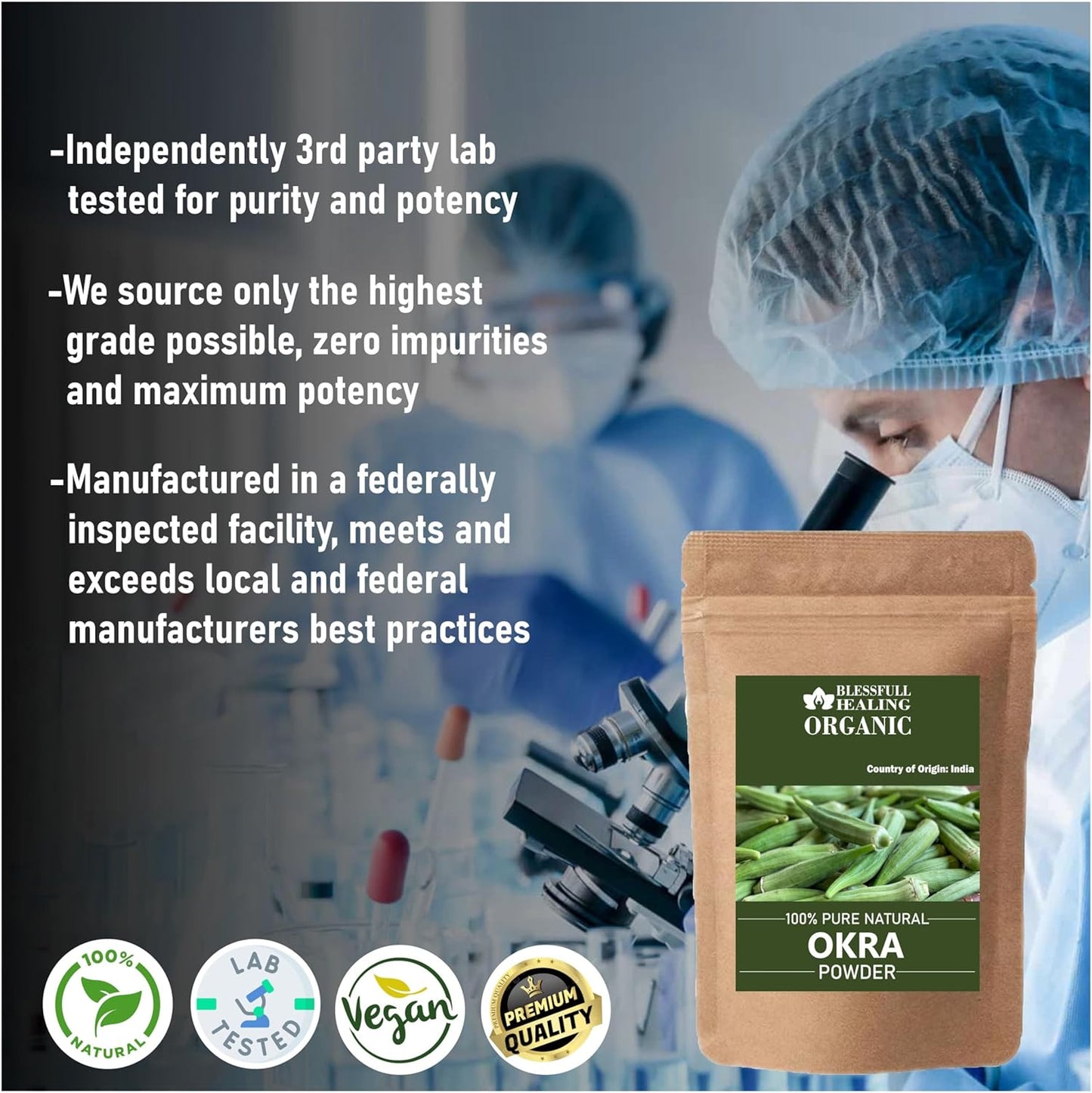 100% Pure Natural Blessfull Healing Organic Okra Powder - 200g (7.05 oz)