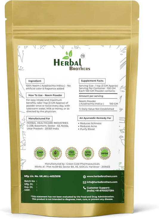 100% Pure & Natural Organic Neem Powder for Skin, Hair Care & Detox - Ayurvedic Herbal Supplement - 100 Gm, Pack of 1 Brown