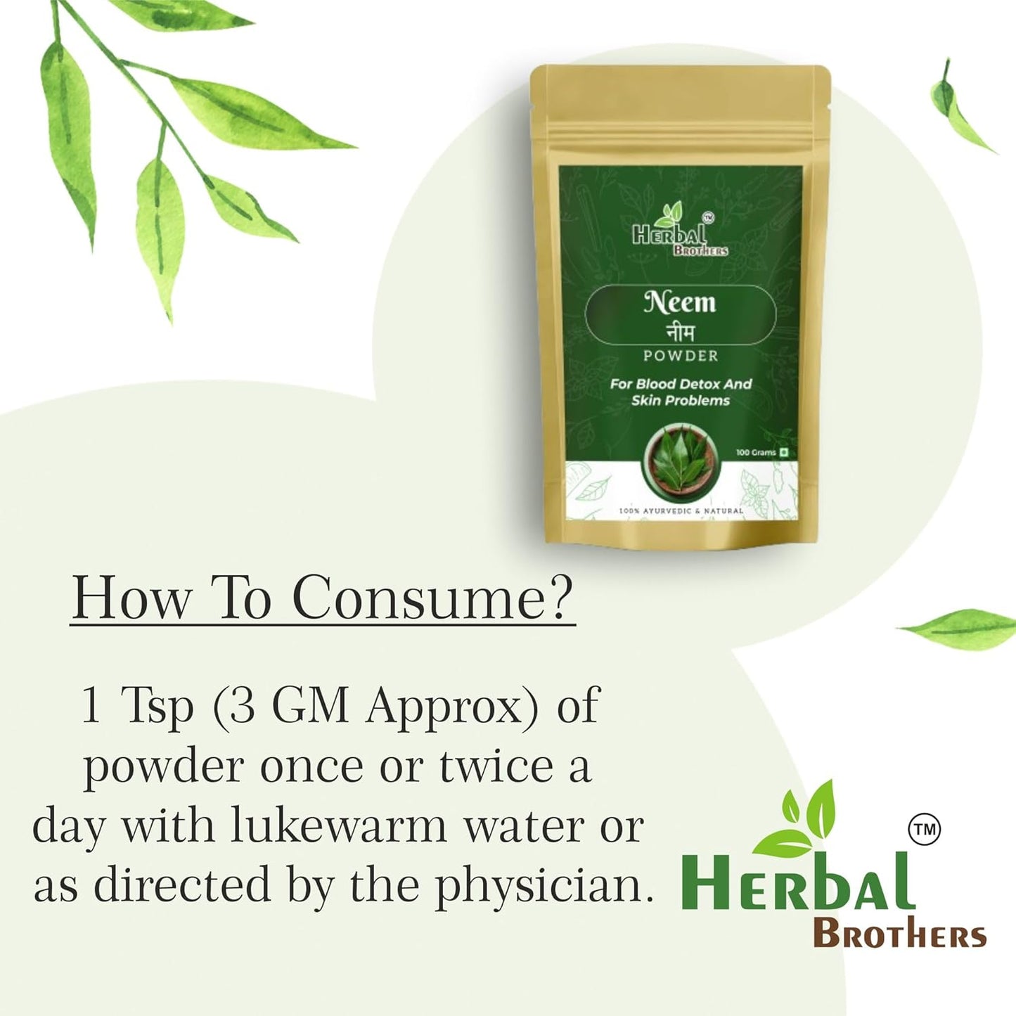 100% Pure & Natural Organic Neem Powder for Skin, Hair Care & Detox - Ayurvedic Herbal Supplement - 100 Gm, Pack of 1 Brown