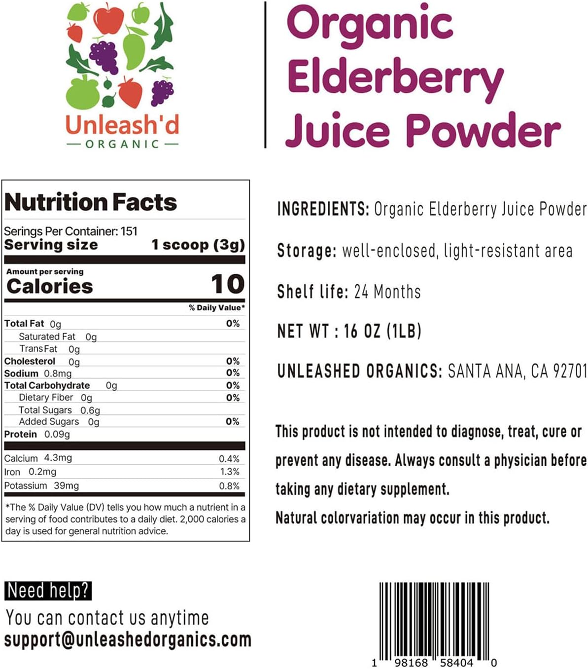 100% Pure Organic Elderberry Juice Powder - 16 oz - Rich in Antioxidants and Multivitamins - High Antioxidant Effects - Anti-Inflammatory - Natural Green Food