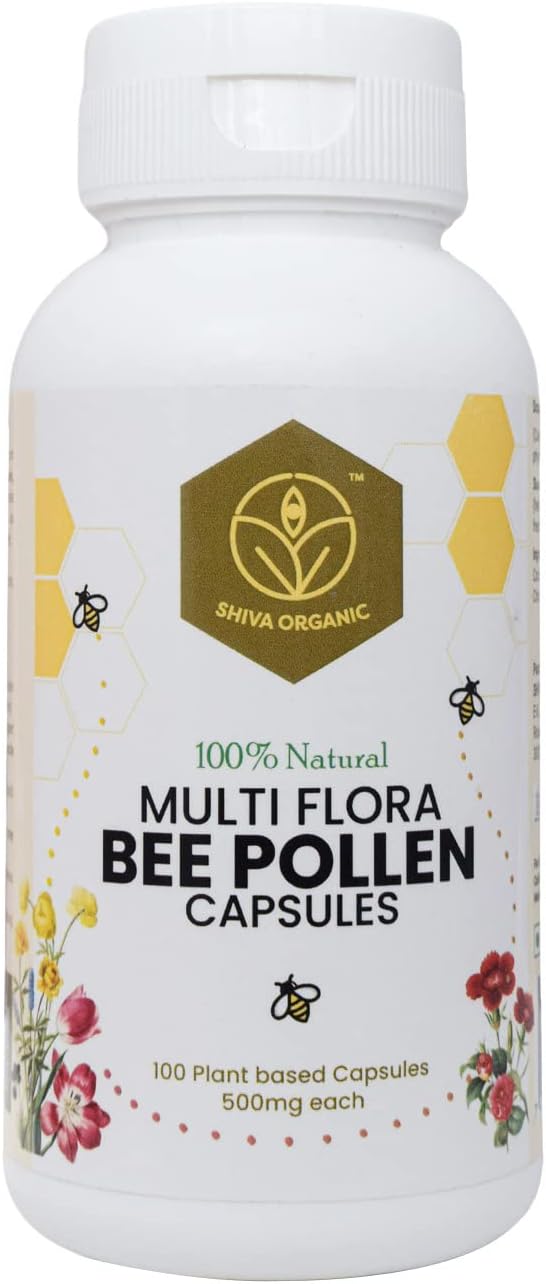 100% Pure Shiva Organic Multi Flora Bee Pollen Capsules (500mg) - Natural Plant-Based Protein, Immunity & Energy Booster, High in Vitamins - 100 Count