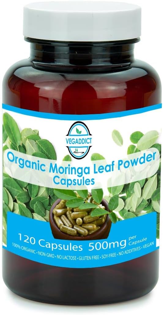100% Raw Organic Moringa Leaf Powder Capsules - 120 Capsules - Vegan - Gluten Free - Lactose Free - Soy Free - No Additives