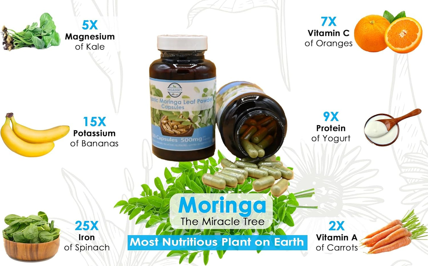 100% Raw Organic Moringa Leaf Powder Capsules - 120 Capsules - Vegan - Gluten Free - Lactose Free - Soy Free - No Additives