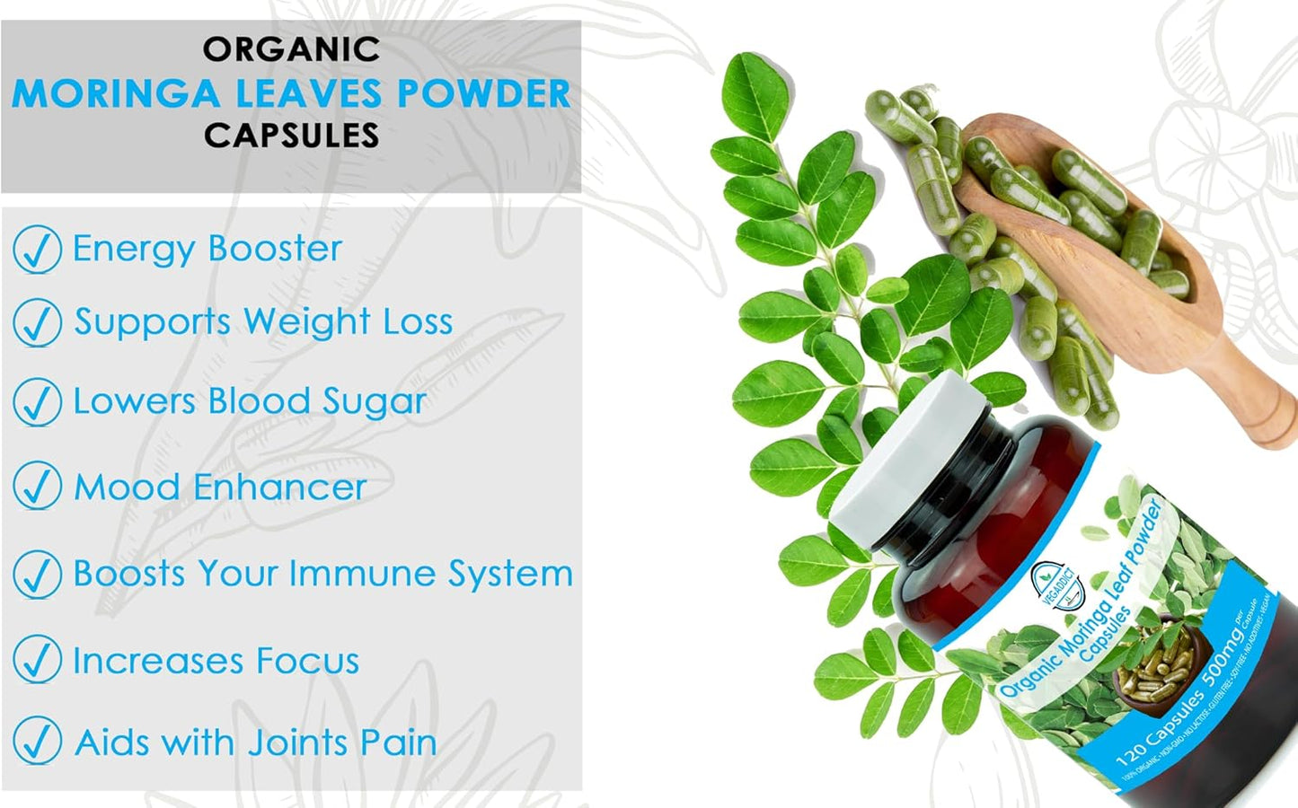 100% Raw Organic Moringa Leaf Powder Capsules - 120 Capsules - Vegan - Gluten Free - Lactose Free - Soy Free - No Additives