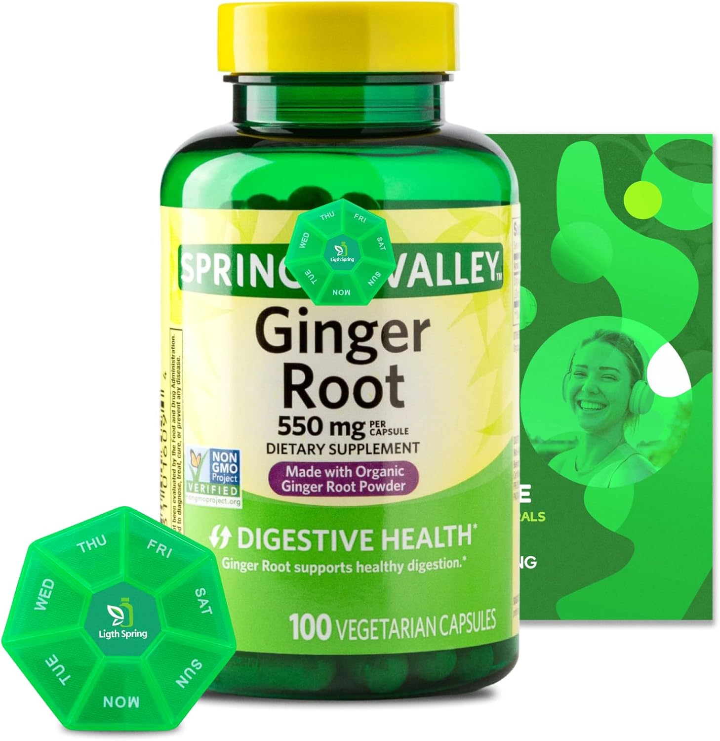 100 Vegetarian Capsules of LightSpring Ginger Root 550mg with Exclusive Bundle of Vitamins & Minerals for Better Health