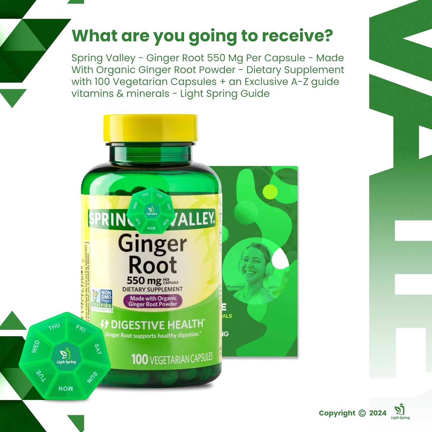 100 Vegetarian Capsules of LightSpring Ginger Root 550mg with Exclusive Bundle of Vitamins & Minerals for Better Health