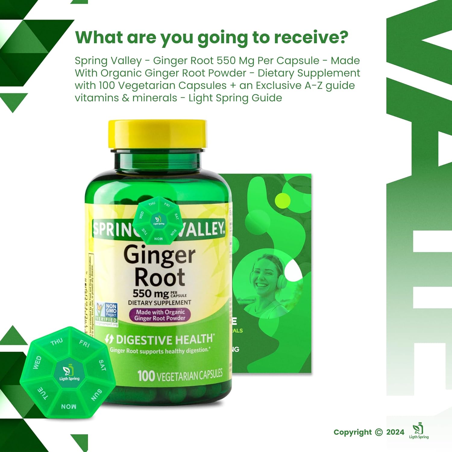 100 Vegetarian Capsules of LightSpring Ginger Root 550mg with Exclusive Bundle of Vitamins & Minerals for Better Health